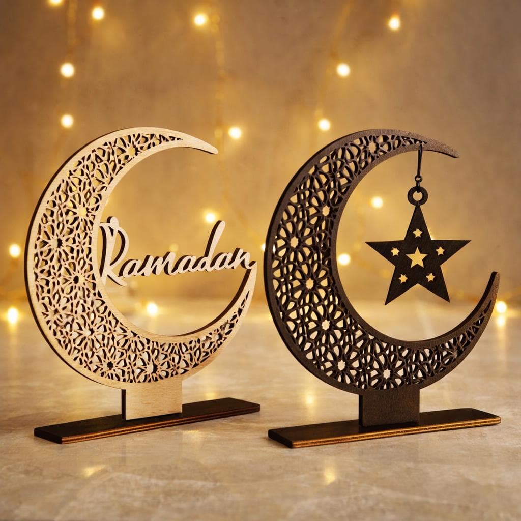 Wooden Ramadan Crescent Decor, Islamic Home Ornament