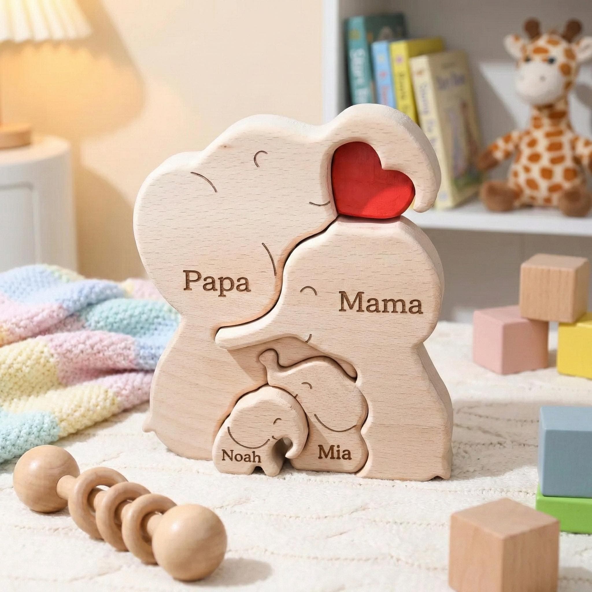 First Mothers Day Gift New Mom, Personalized Elephant Family Puzzle Wood, Custom Family Names Keepsake, Mama Baby Elephant Gift