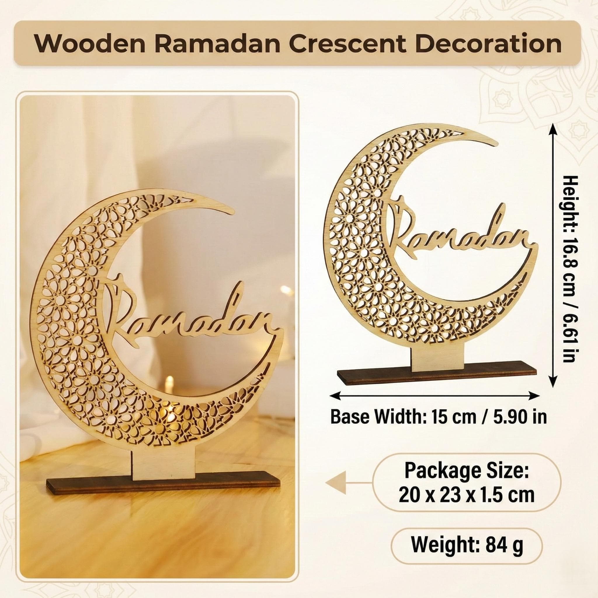 Wooden Ramadan Crescent Decor, Islamic Home Ornament - image 4