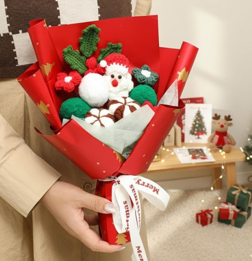 Crochet Christmas Bouquet, Santa Flower Arrangement, Handmade Holiday Decoration