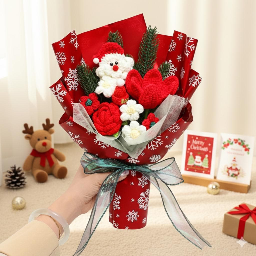 Crochet Christmas Bouquet, Santa Flower Arrangement, Handmade Holiday Decoration - image 5