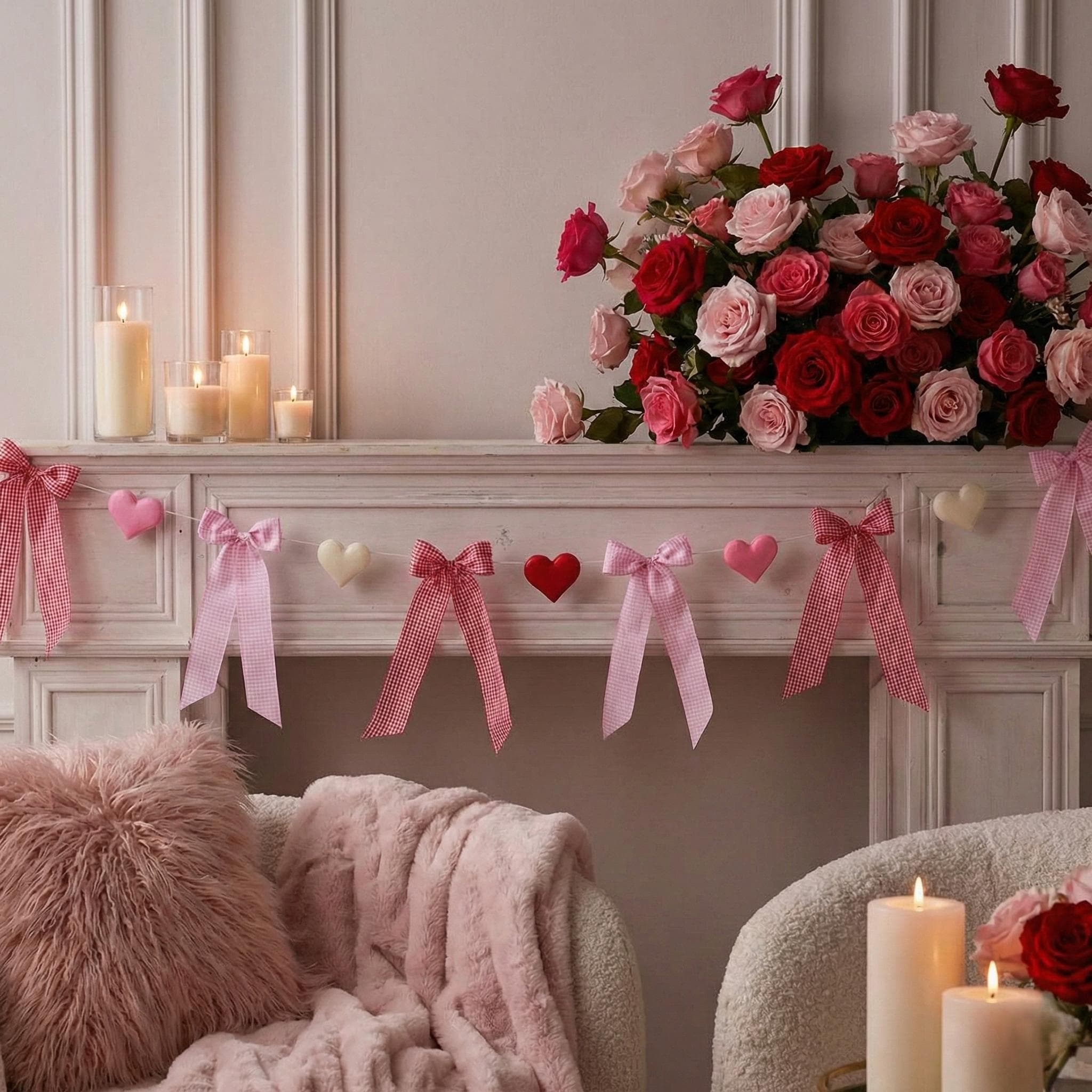 Valentine Garland for Fireplace Mantel, Felt Heart & Bow Valentines Decor, Romantic Home Decoration - image 4