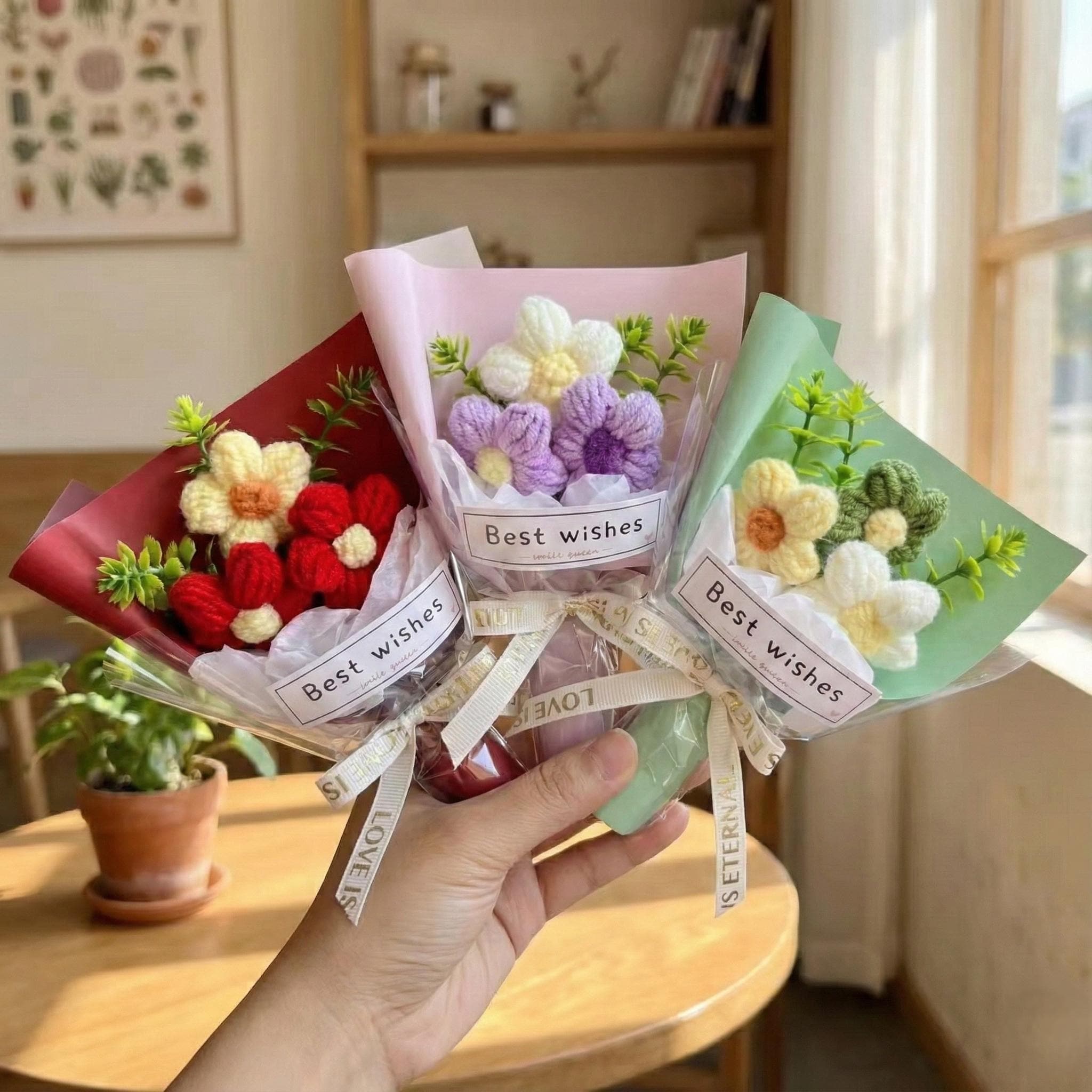 Mini Handmade Crochet Bouquet Gift Puff Flower Yarn Bouquet Decor Ready Multicolor - image 4