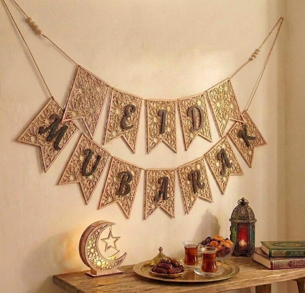 Eid Mubarak Banner Wood, Wooden Eid Garland Decorations, Eid Mubarak Decor, Islamic Wall Hanging. Eid Party Supplies, Ramadan Decoration