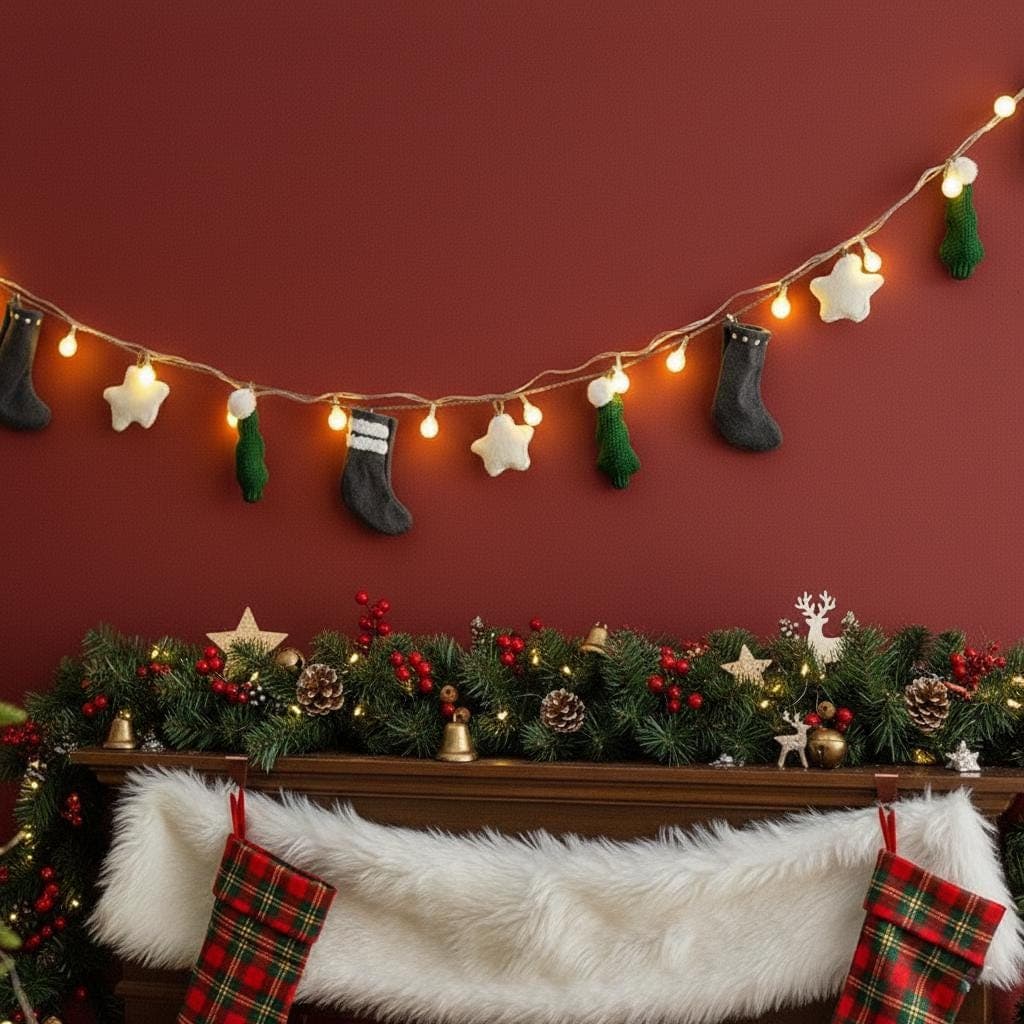 Christmas Garland with Lights Felt Stocking String Lights for Fireplace Mantel Farmhouse Holiday Decor