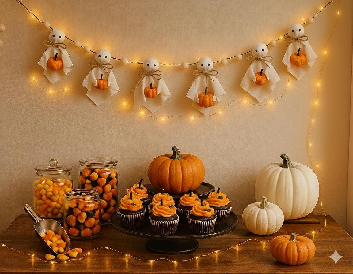 Handmade Felt Ghost & Pumpkin Garland: Cozy Halloween Mantel Decor - image 5