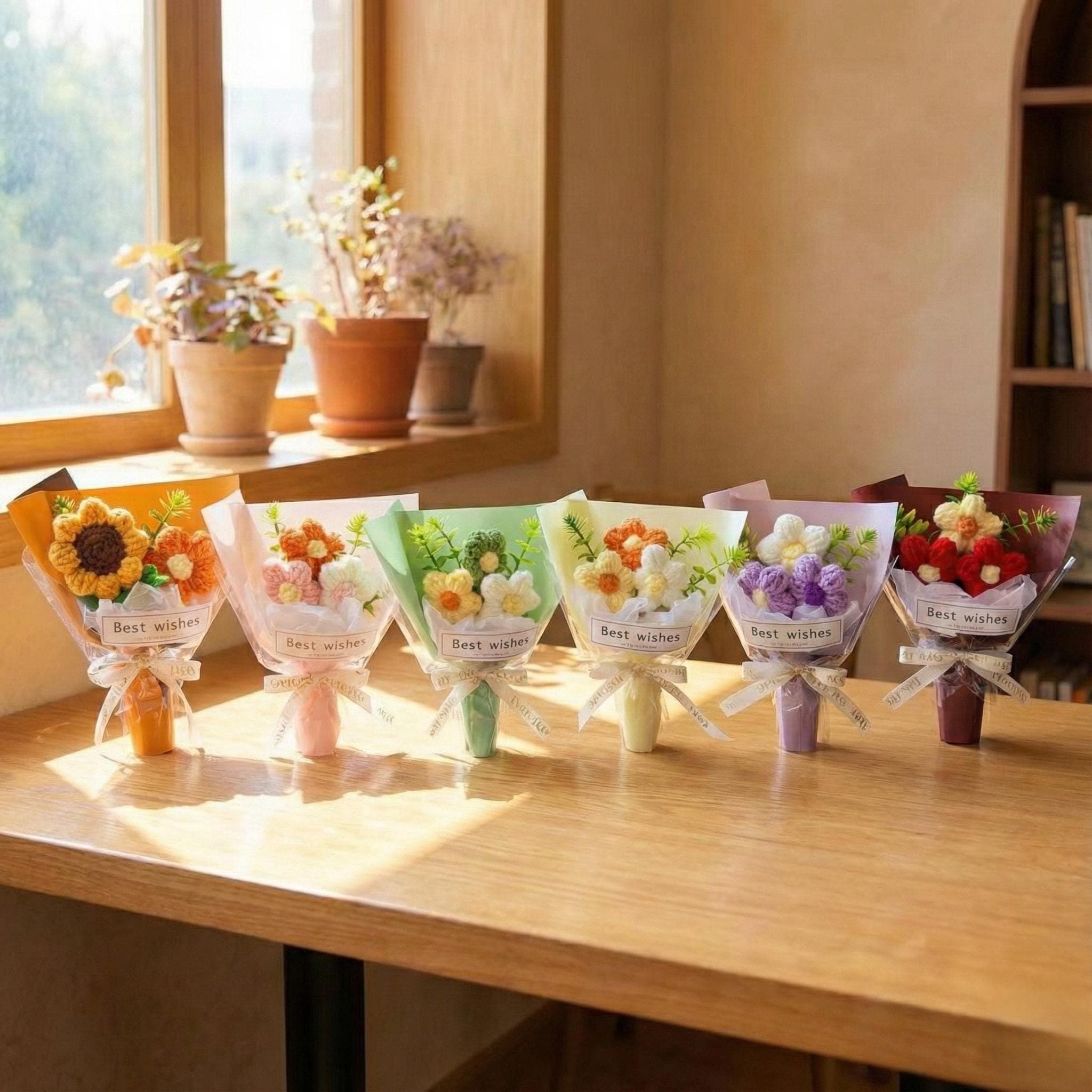 Mini Handmade Crochet Bouquet Gift Puff Flower Yarn Bouquet Decor Ready Multicolor - image 5