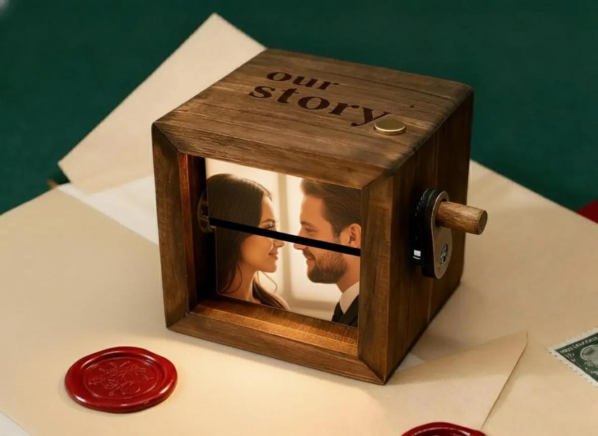 Wedding favours Personalized Photo Flipbook Box, Custom Wooden Animation Crank Box