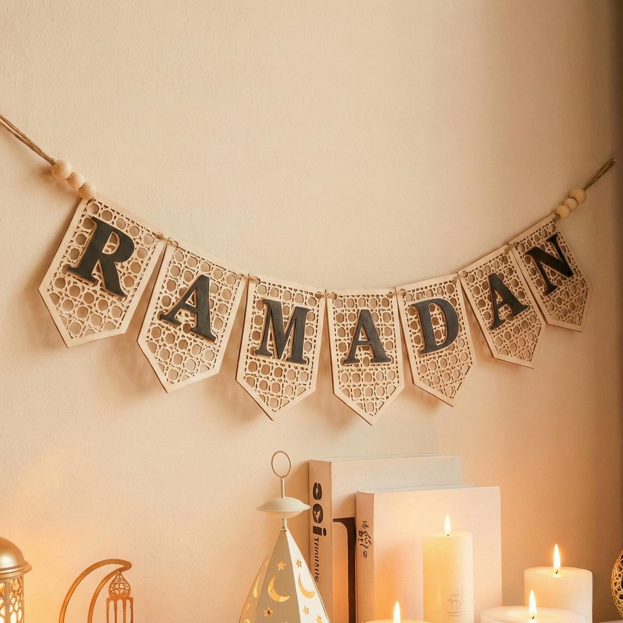 Ramadan Garland Banner Decor, Wooden Ramadan Mubarak Hanging Decoration for Home, Kids & Party