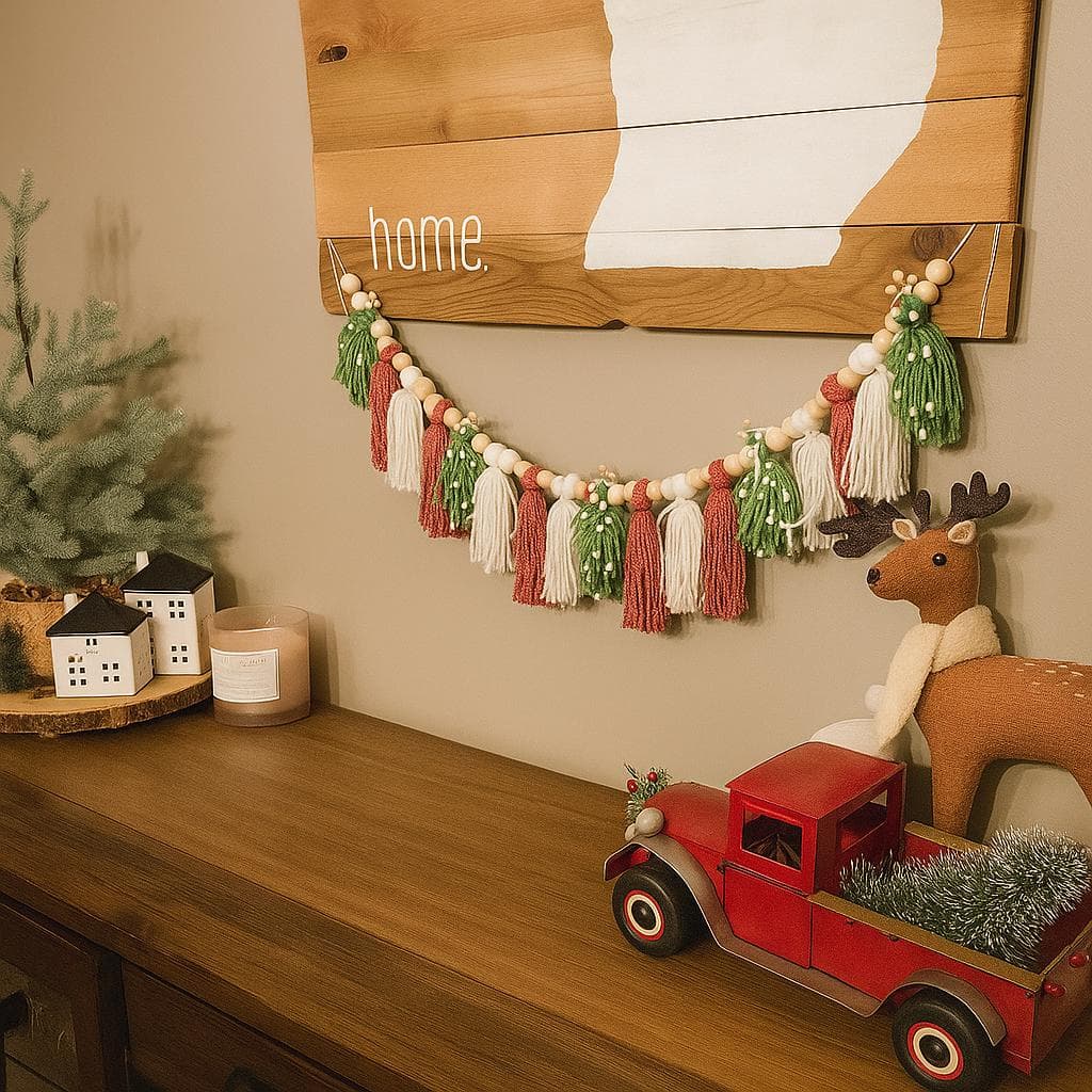 Handmade Christmas Garland: Felt Trees, Tassels & Wooden Beads - image 4