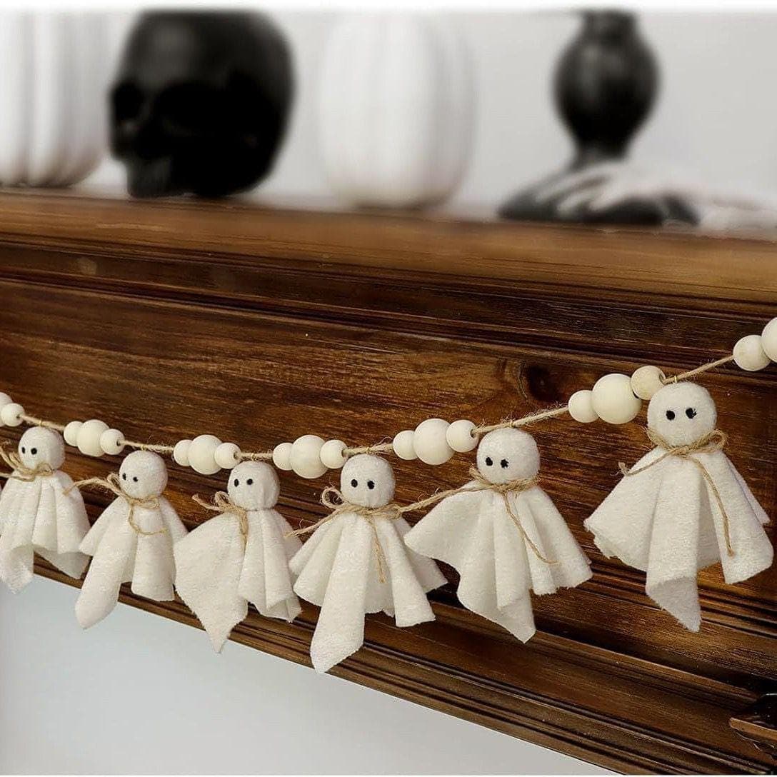 Halloween Ghost Garland: Boho Fabric Banner with Wooden Beads - image 4