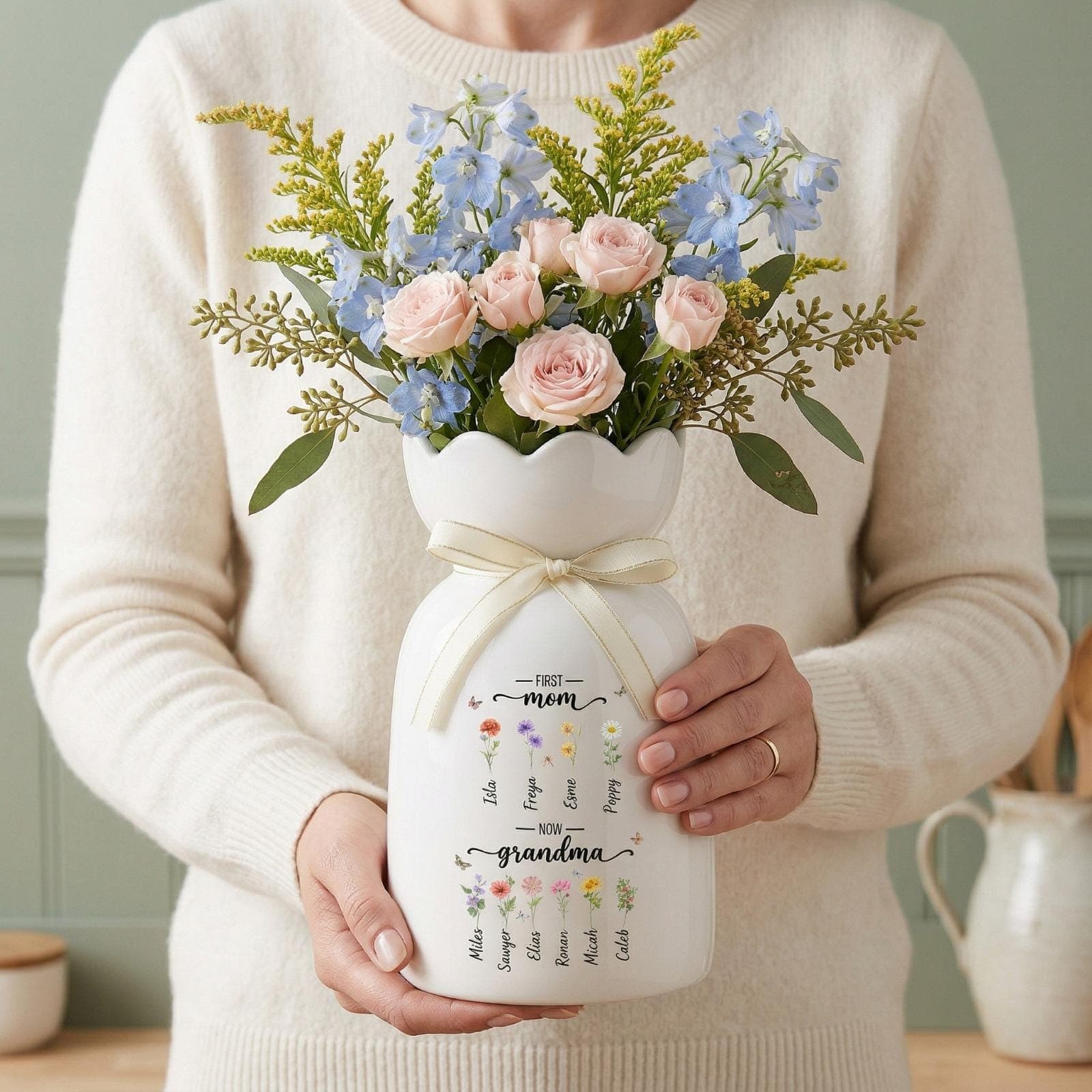 Personalized First Mom Now Grandma Gift, Mothers Day Vase, Birth Month Flower Vase, Nana Ceramic Vase, Custom Grandma Gift, Floral Vase