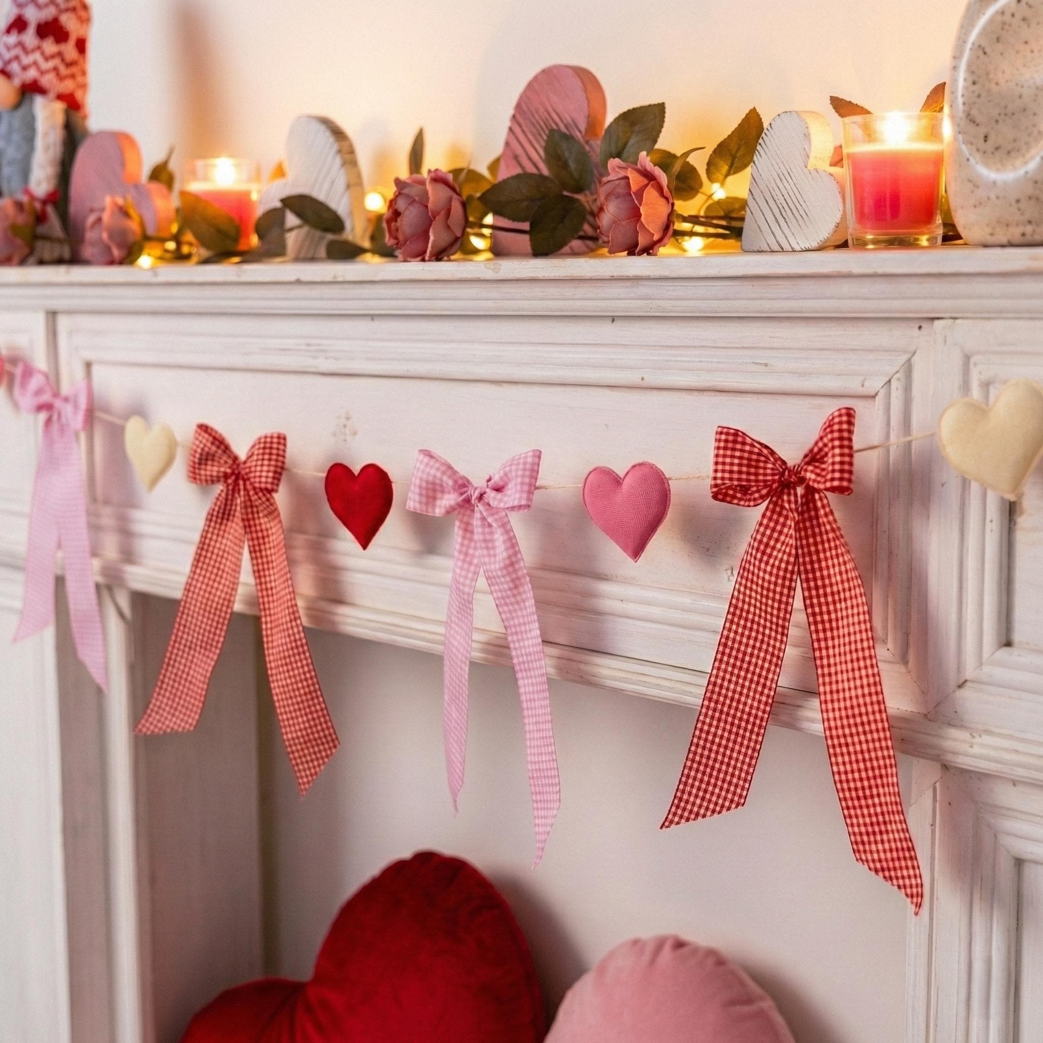 Valentine Garland for Fireplace Mantel, Felt Heart & Bow Valentines Decor, Romantic Home Decoration