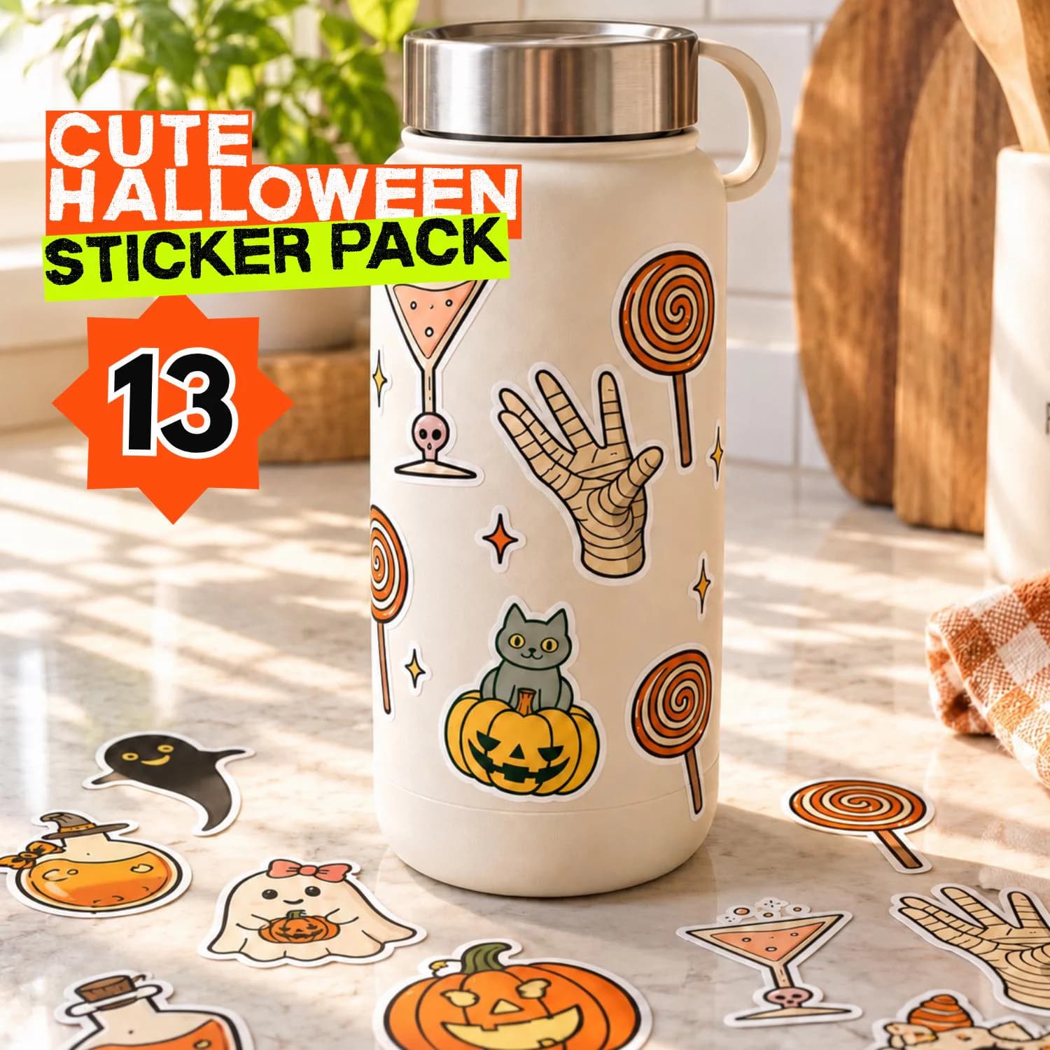 Cute Halloween Spooky Stickers, Ghost Pumpkin Witch Sticker, Halloween Planner Stickers, Journal Laptop Water Bottle Decor, Instant Download