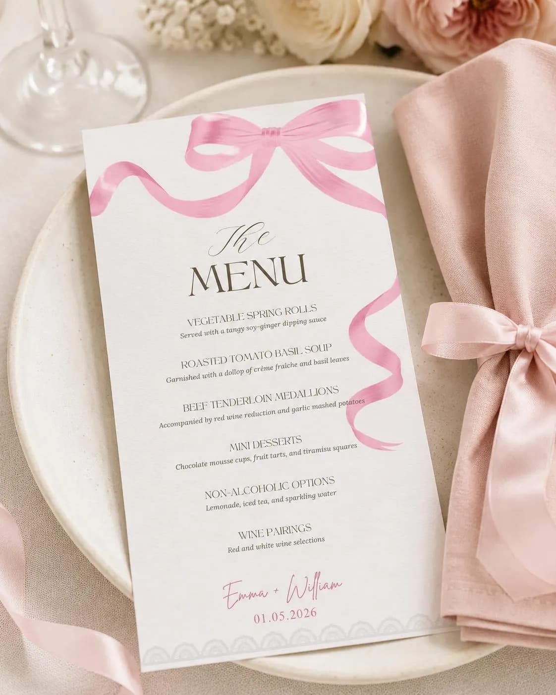 Modern Wedding Menu Template, Pink Wedding Menu with Place Card, Minimalist Menu Card, Printable Wedding Stationery, 4x9 Reception Menu