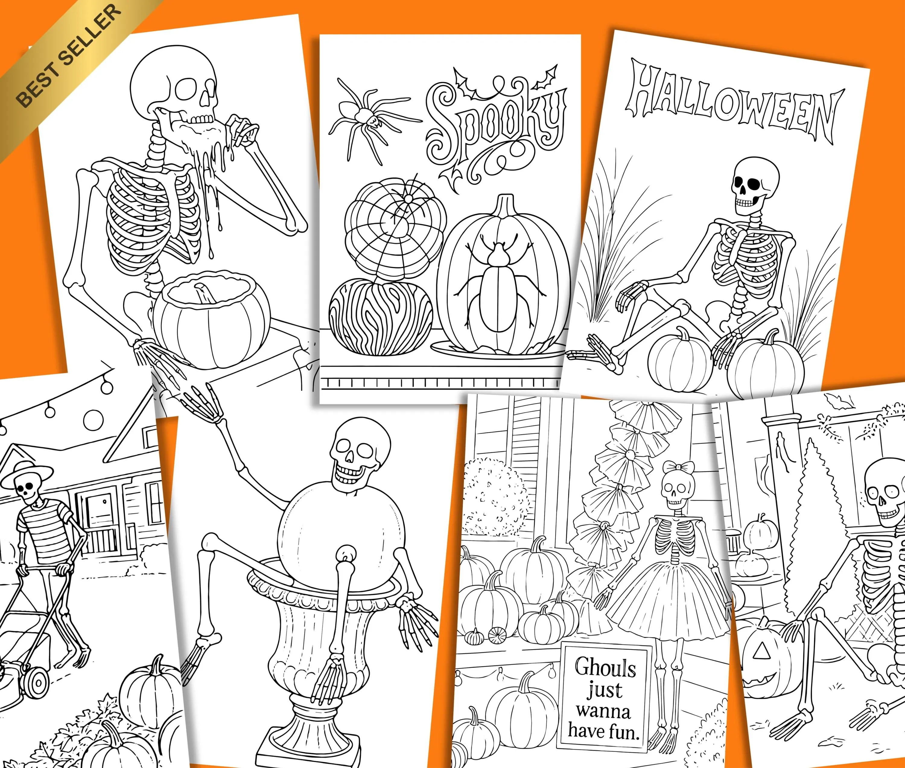 Halloween Coloring Pages Printable, Spooky Coloring Book PDF,  Skeleton & Pumpkin, Kids and Teens Halloween Activity, Instant Download - image 3