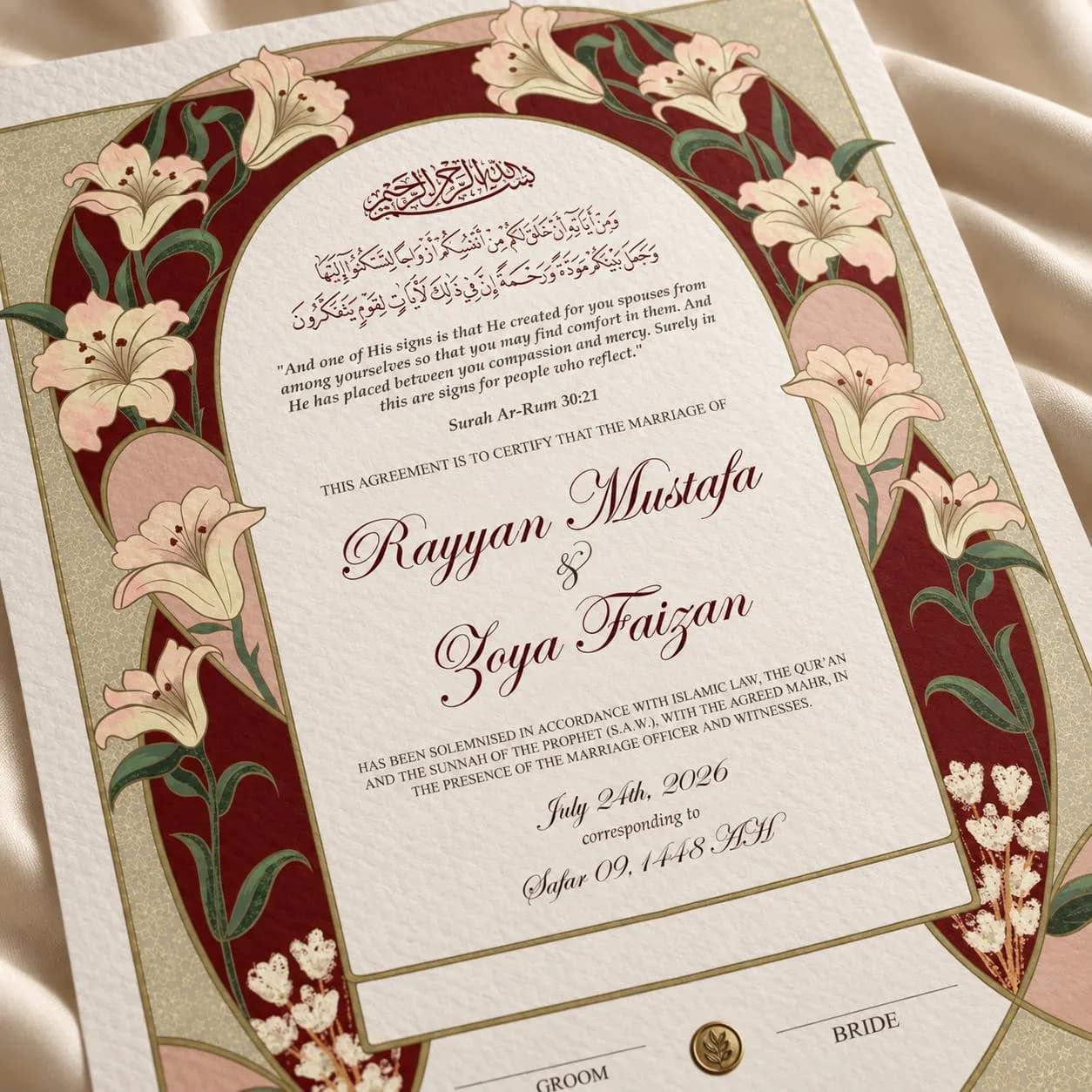 Personalized Floral Islamic Wedding Nikah Nama Certificate Maroon (Digital Download) - image 3