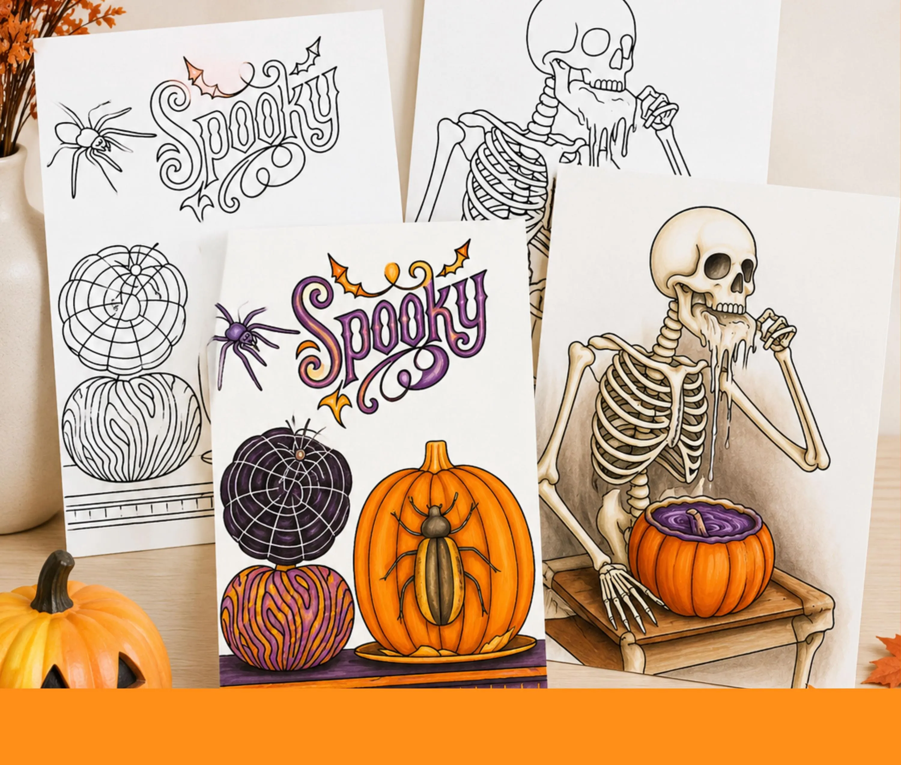 Halloween Coloring Pages Printable, Spooky Coloring Book PDF,  Skeleton & Pumpkin, Kids and Teens Halloween Activity, Instant Download - image 4