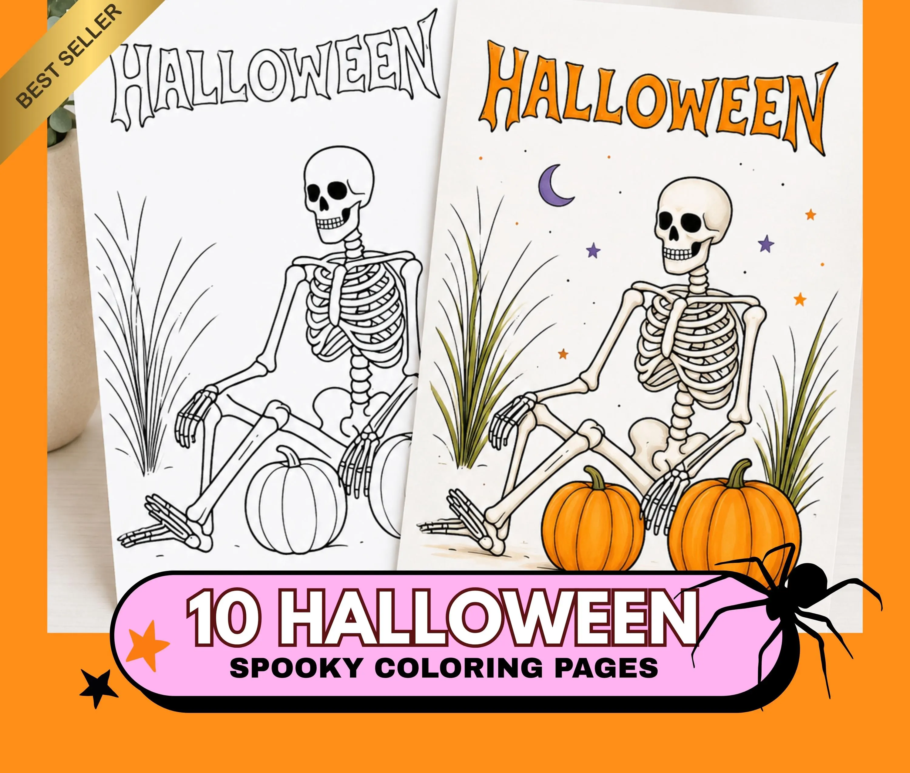 Halloween Coloring Pages Printable, Spooky Coloring Book PDF,  Skeleton & Pumpkin, Kids and Teens Halloween Activity, Instant Download