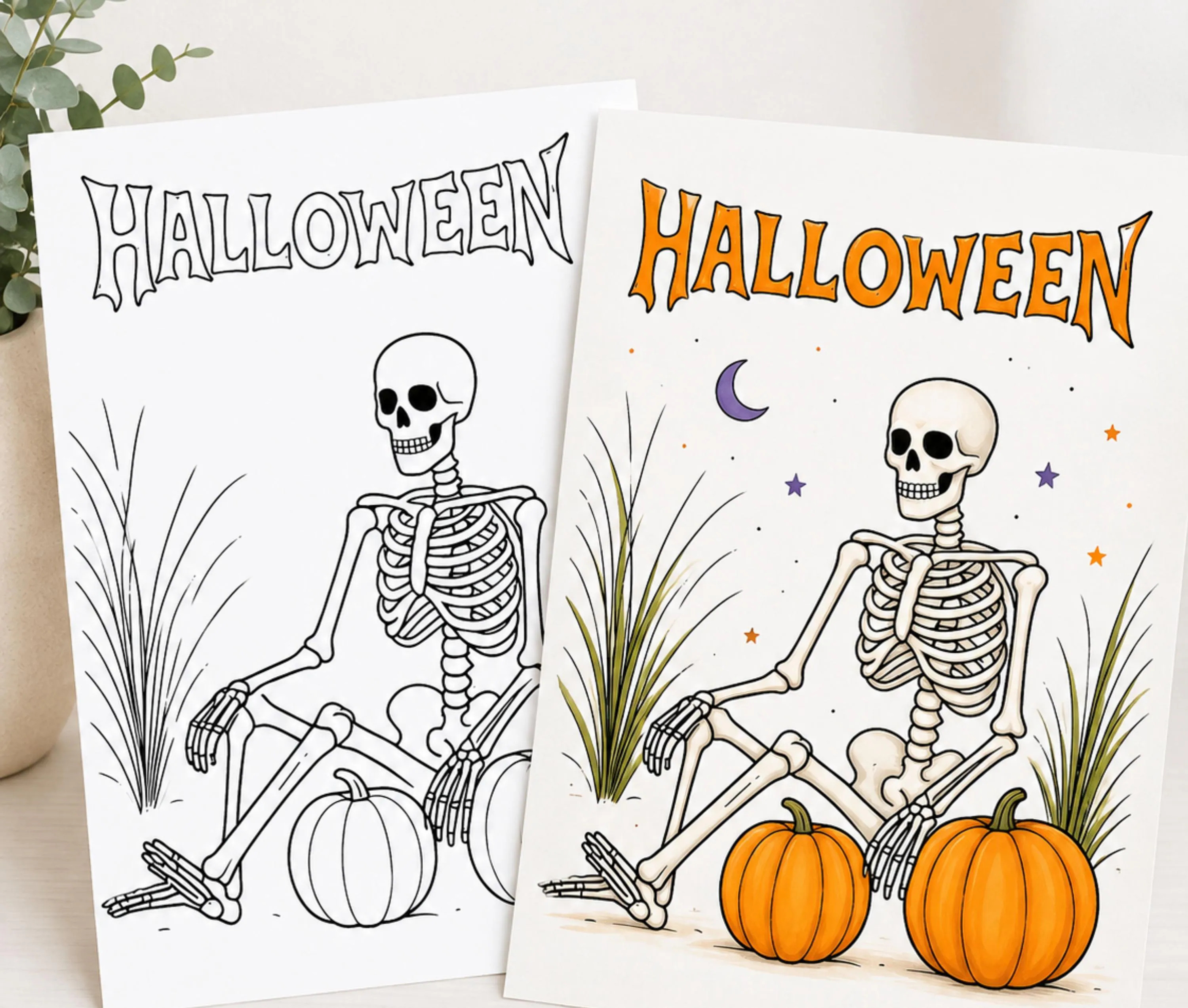 Halloween Coloring Pages Printable, Spooky Coloring Book PDF,  Skeleton & Pumpkin, Kids and Teens Halloween Activity, Instant Download - image 5