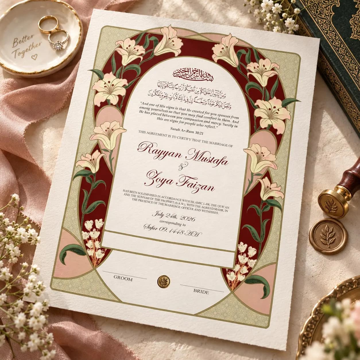 Personalized Floral Islamic Wedding Nikah Nama Certificate Maroon (Digital Download) - image 4