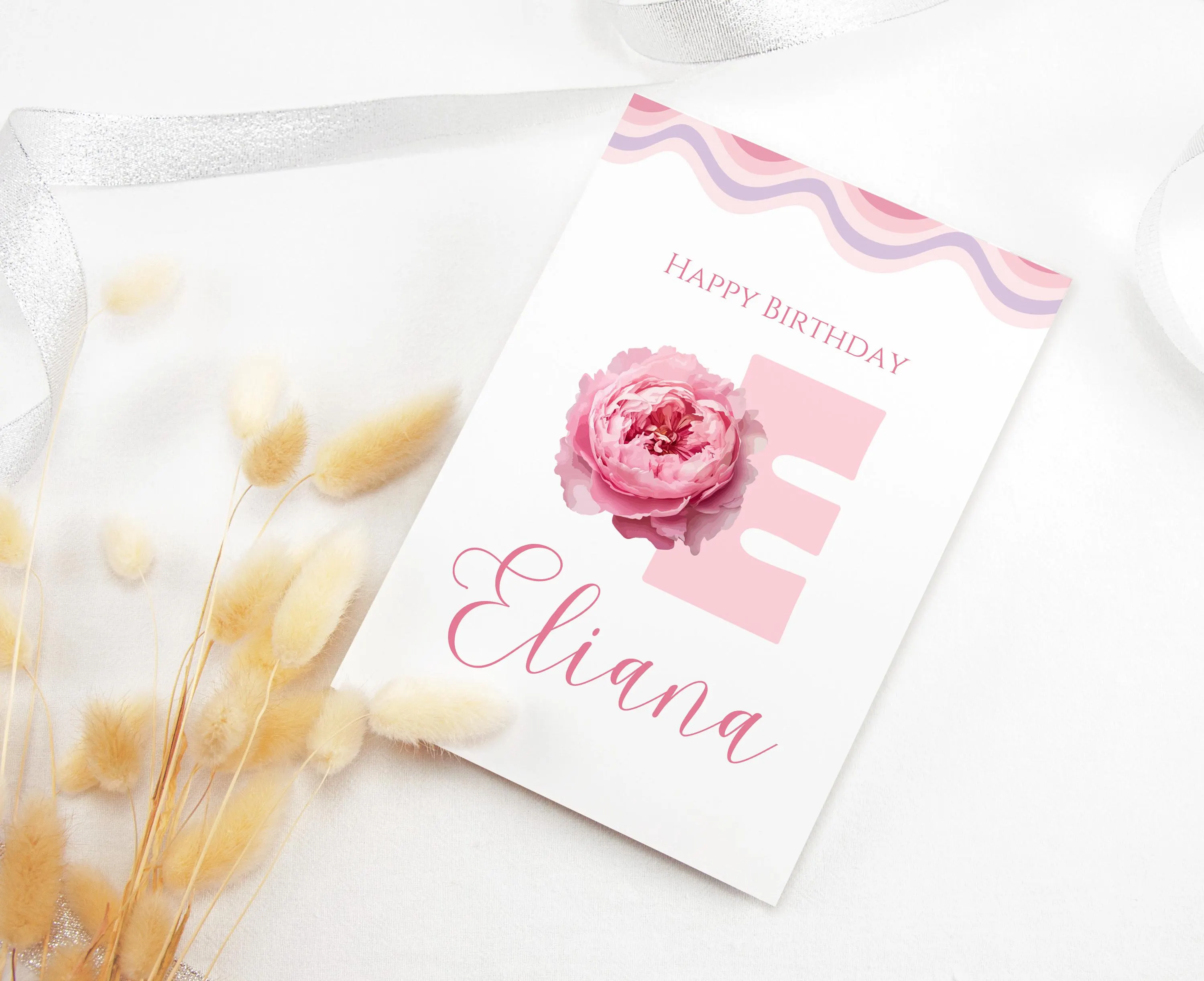 Editable Canva Letter E Floral Birthday Card Template, Pink Initial E Printable Card, Personalized Name Card, Instant Download