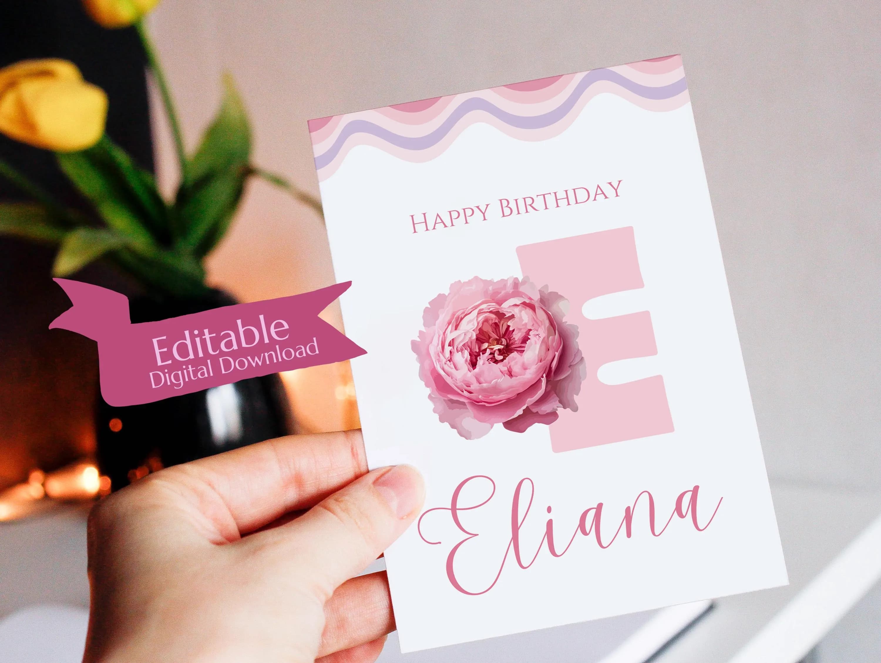 Editable Canva Letter E Floral Birthday Card Template, Pink Initial E Printable Card, Personalized Name Card, Instant Download - image 3