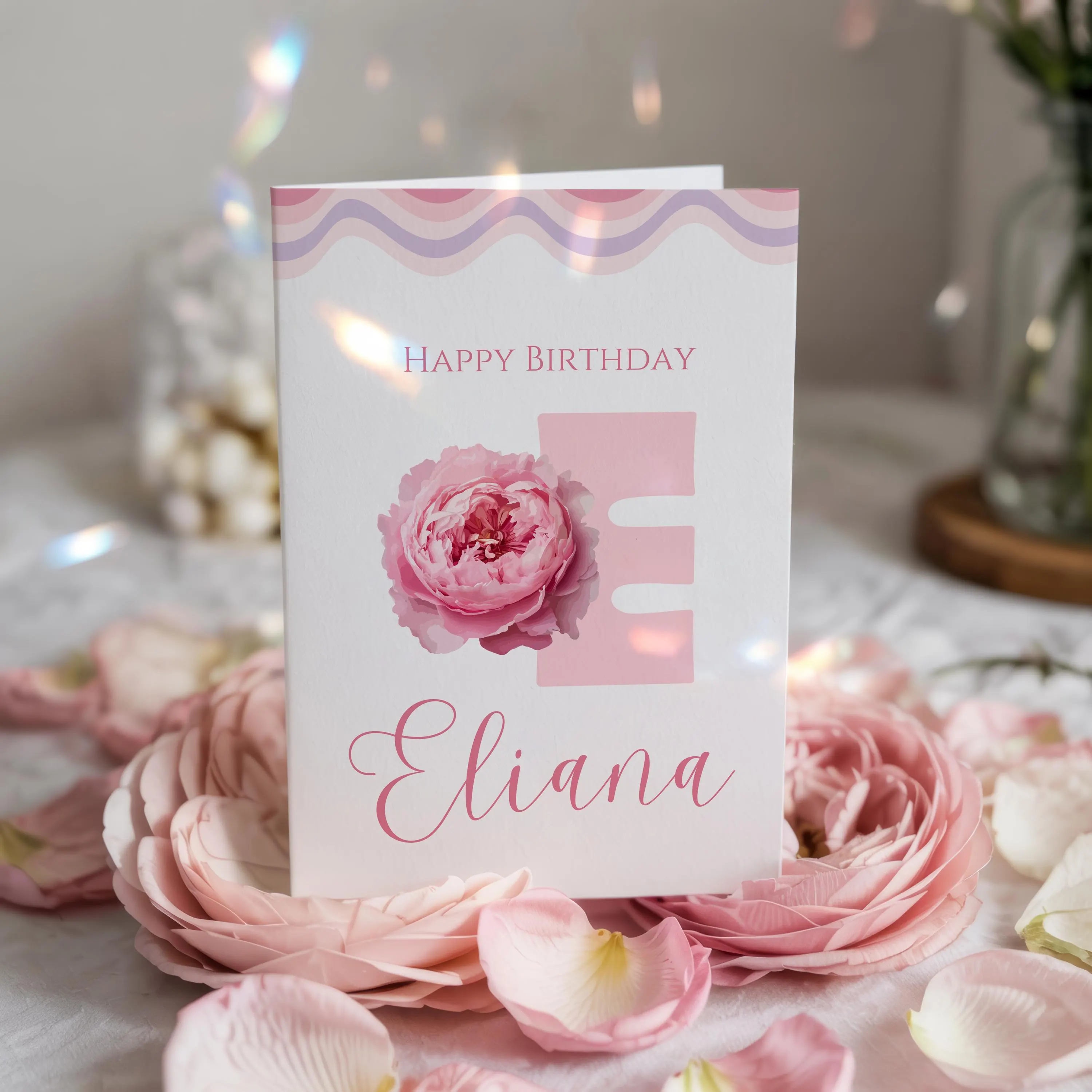 Editable Canva Letter E Floral Birthday Card Template, Pink Initial E Printable Card, Personalized Name Card, Instant Download - image 5