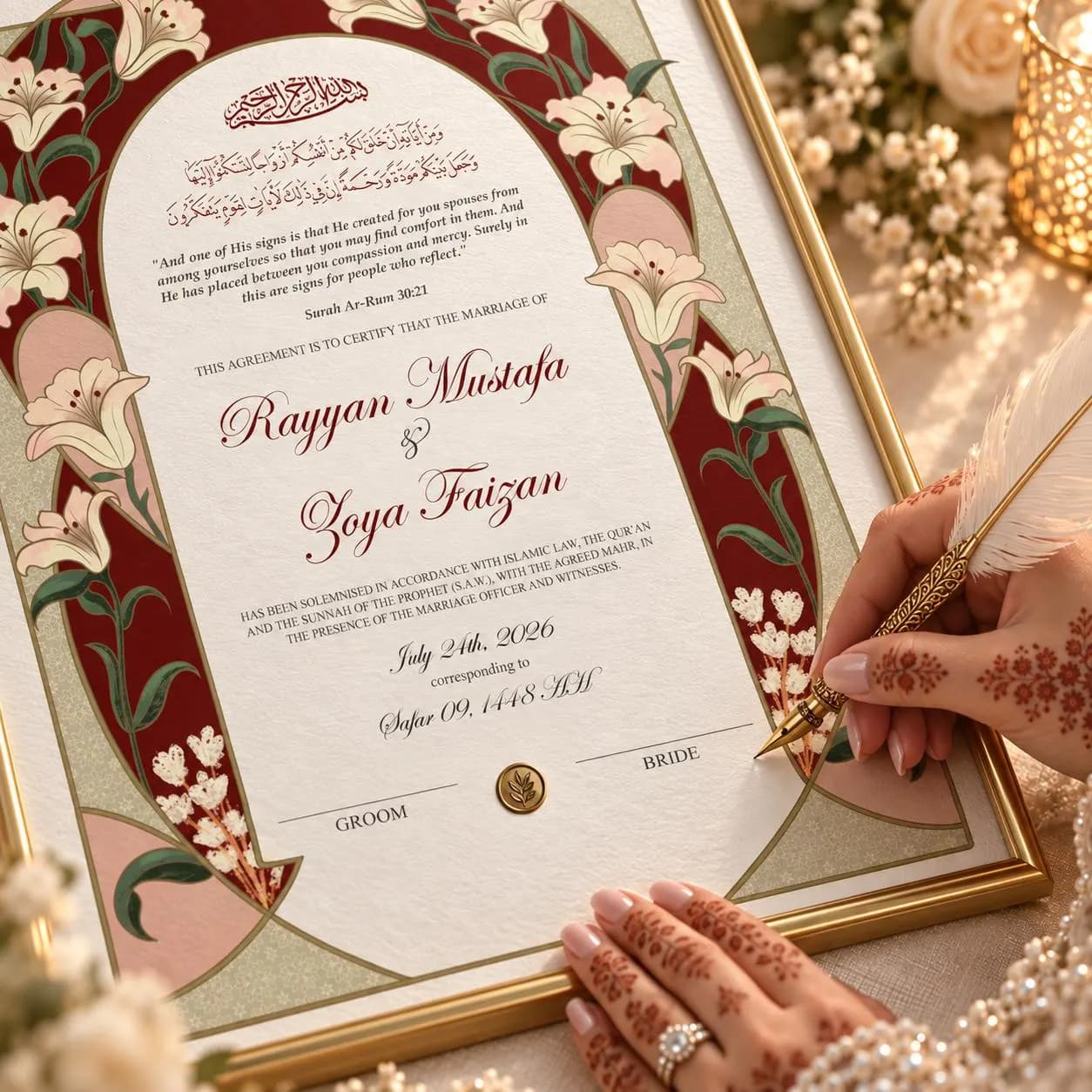 Personalized Floral Islamic Wedding Nikah Nama Certificate Maroon (Digital Download)