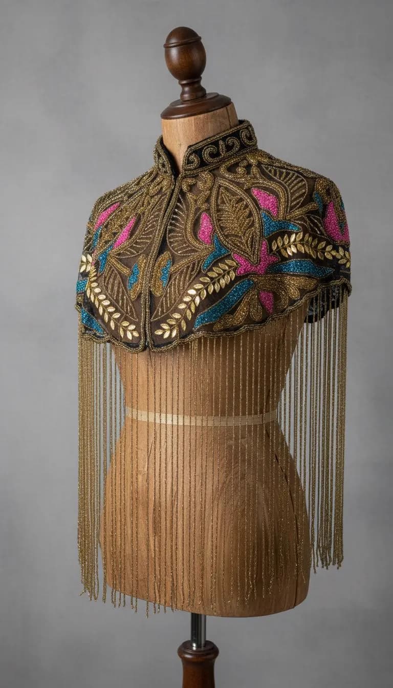 Luxury Women’s Black & Gold Beaded Fringe Cape / Capelet – Jewel-Tone Floral Embroidery, High Collar, Wedding  Evening Cover Up, One Size