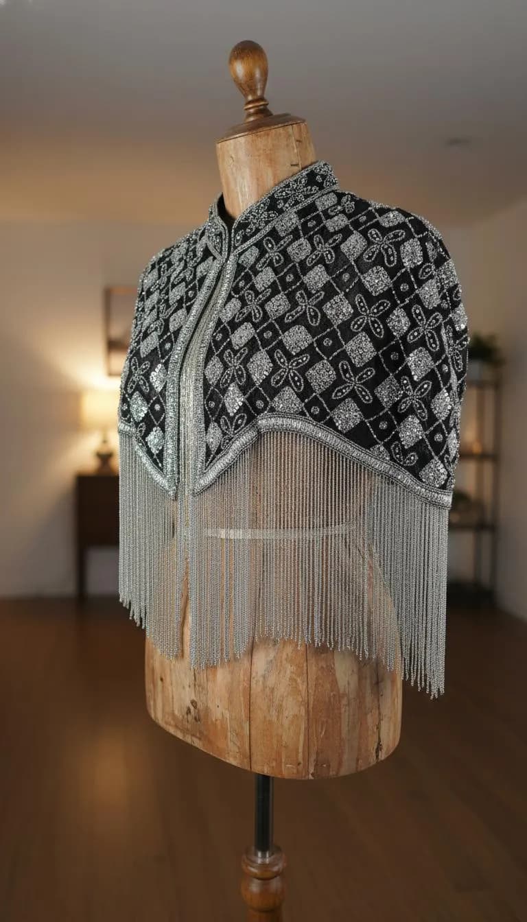 Luxury Women’s Black Beaded Cape with Silver Accents – Geometric Embroidery, High Collar, Long Beaded Hem, Wedding Evening Cover-Up