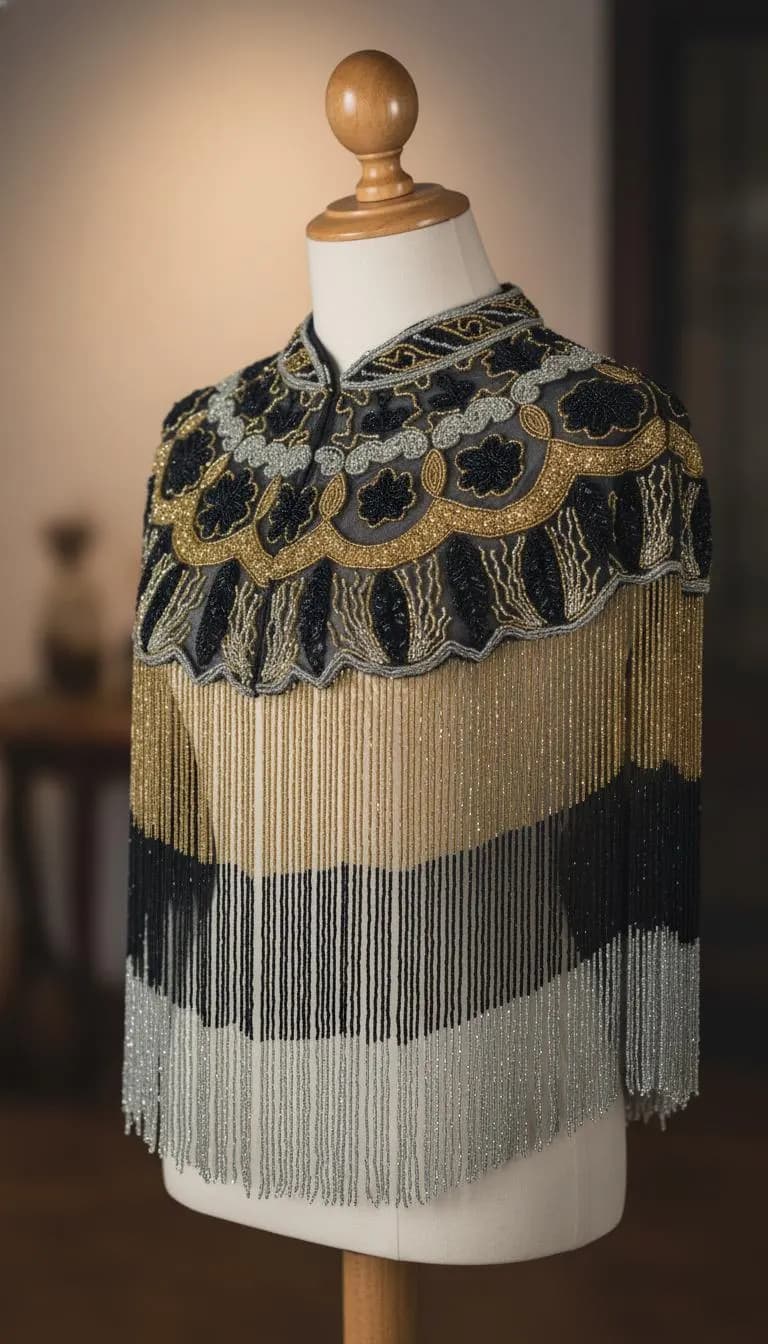 Luxury Women’s Black & Gold Beaded Cape with Silver Accents – Floral Embroidery, High Collar, Elegant Wedding And Evening Cover-Up