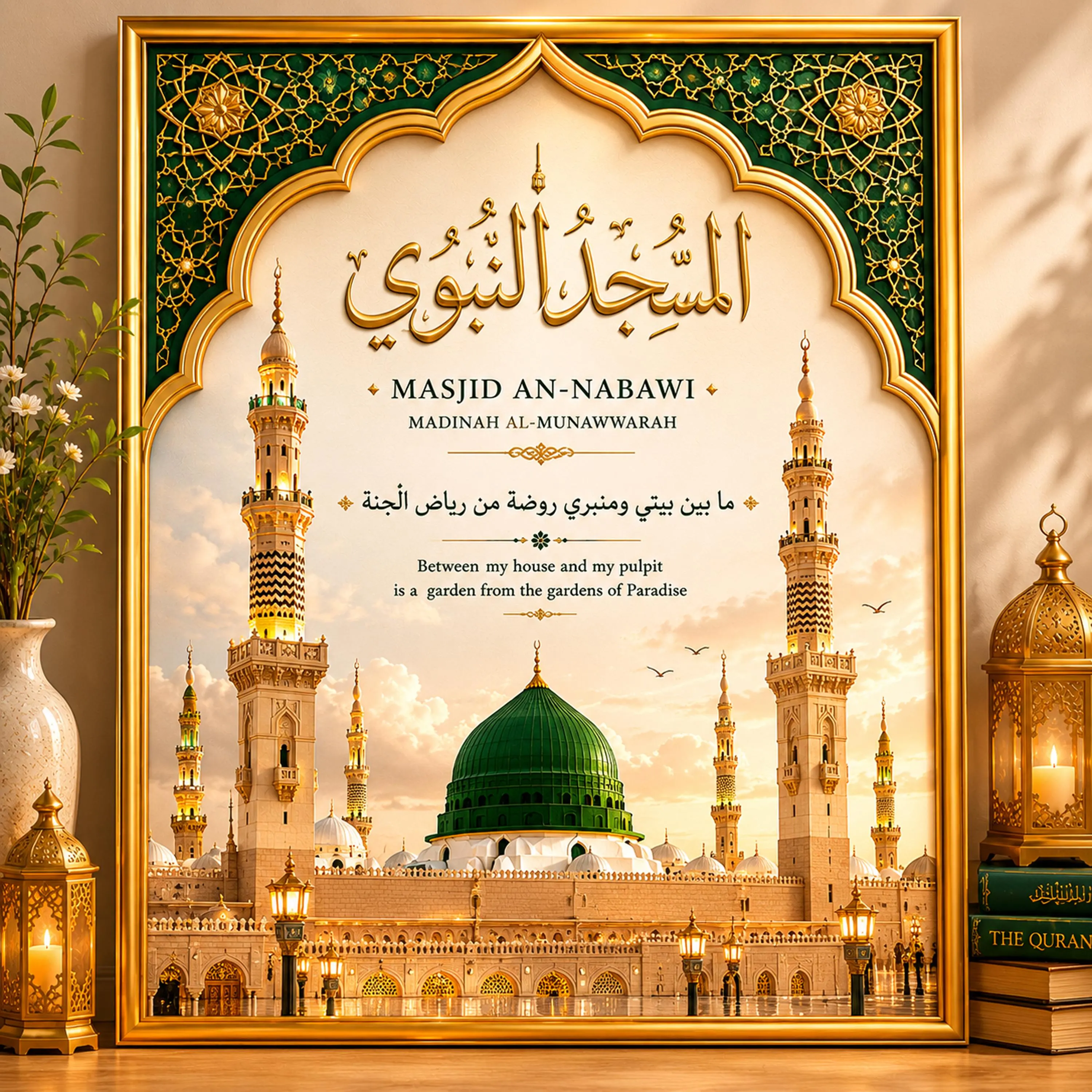 Masjid An-Nabawi Wall Art, Green Dome Islamic Print, Madinah Mosque Decor (Digital Download)