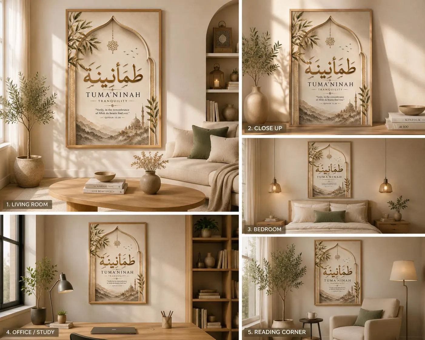 Islamic Wall Art | Arabic Calligraphy Quran 13:28 | Beige Gold Home Decor (Digital Download)