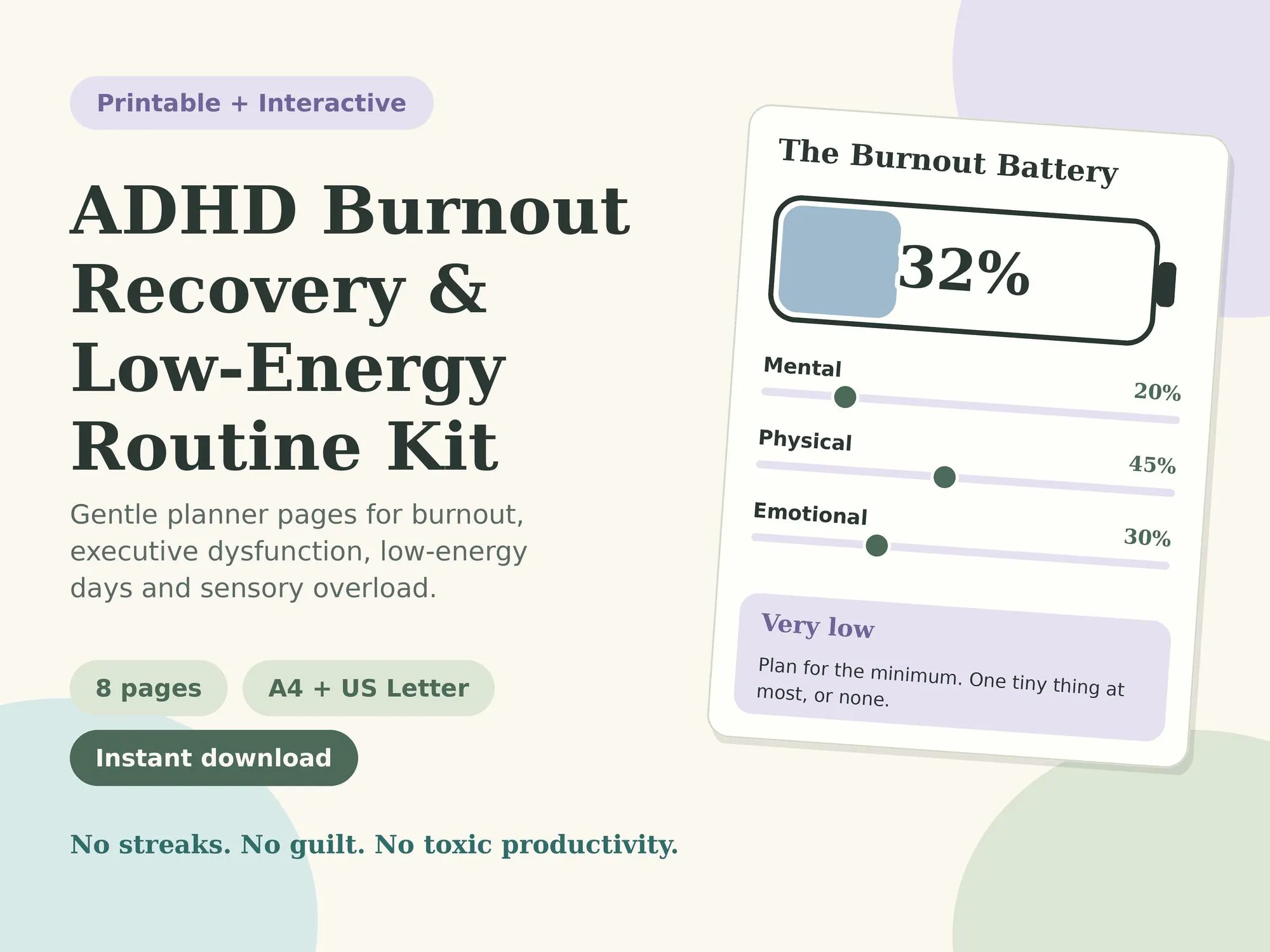 ADHD Burnout Recovery Planner | Low Energy Routine Kit | Printable & Digital Self Care Planner for Executive Function