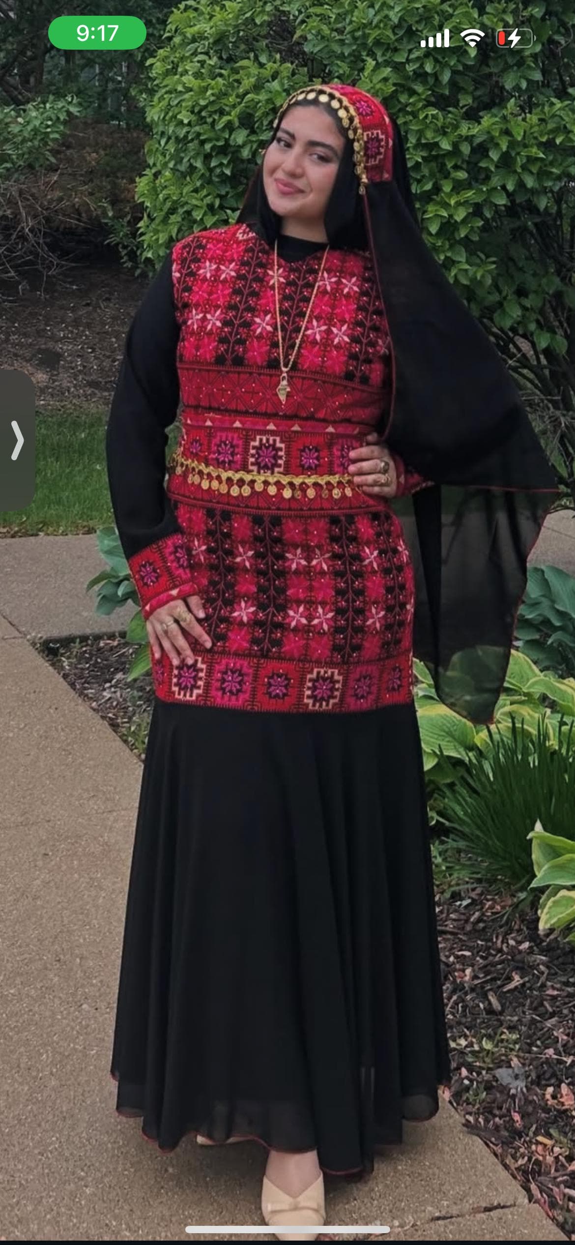 Tatreez Palestinian long  red mermaid thobe, size 3 , model is 5’5 for reference! Only worn a few times. Includes matching scarf as well! - image 4