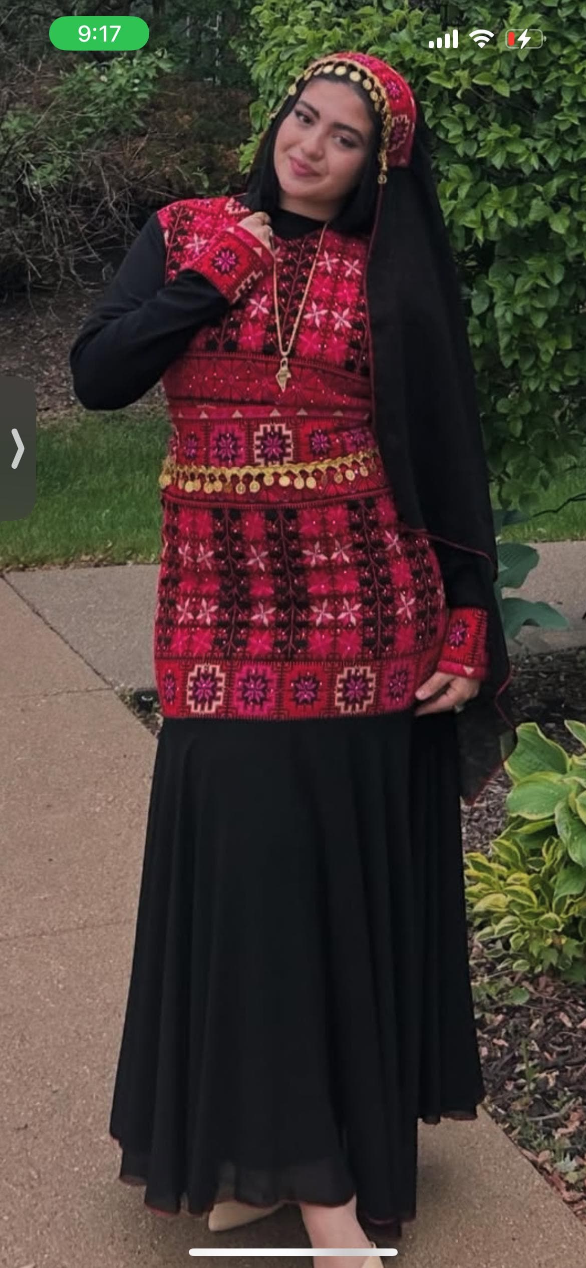 Tatreez Palestinian long  red mermaid thobe, size 3 , model is 5’5 for reference! Only worn a few times. Includes matching scarf as well! - image 3