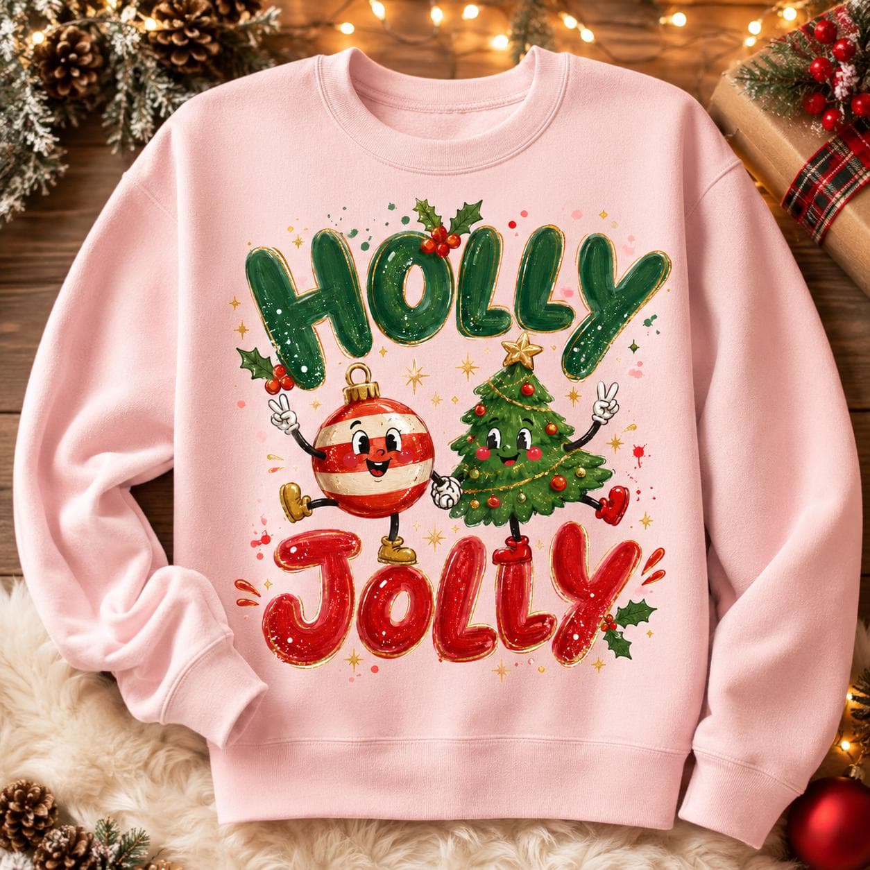 Holly Jolly Christmas Friends PNG: Festive Tree & Ornament Holiday Shirt Design (Digital Download)