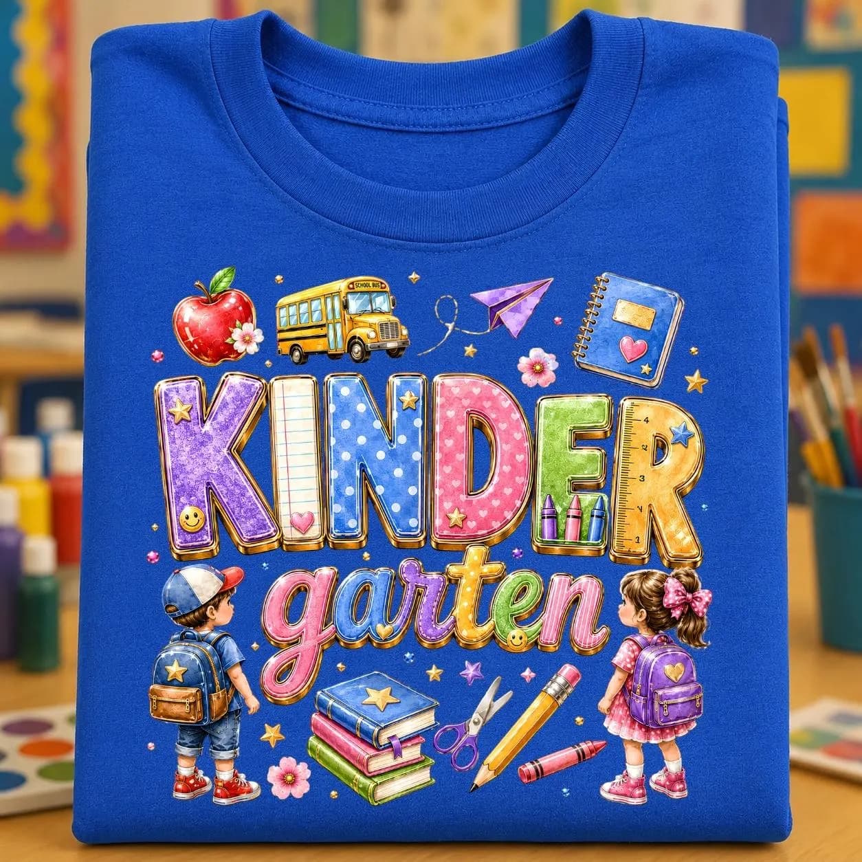 Royal blue folded T-shirt with a bright kindergarten design featuring large multicolor patchwork lettering and playful school details. The artwork includes an apple, school bus, paper plane, notebook, stacked books, pencils, crayons, flowers, stars, and two young students carrying backpacks. Displayed in a colorful classroom setting, this cheerful mockup is ideal for kindergarten first-day shirts, student outfits, teacher gifts, and school-season listings.