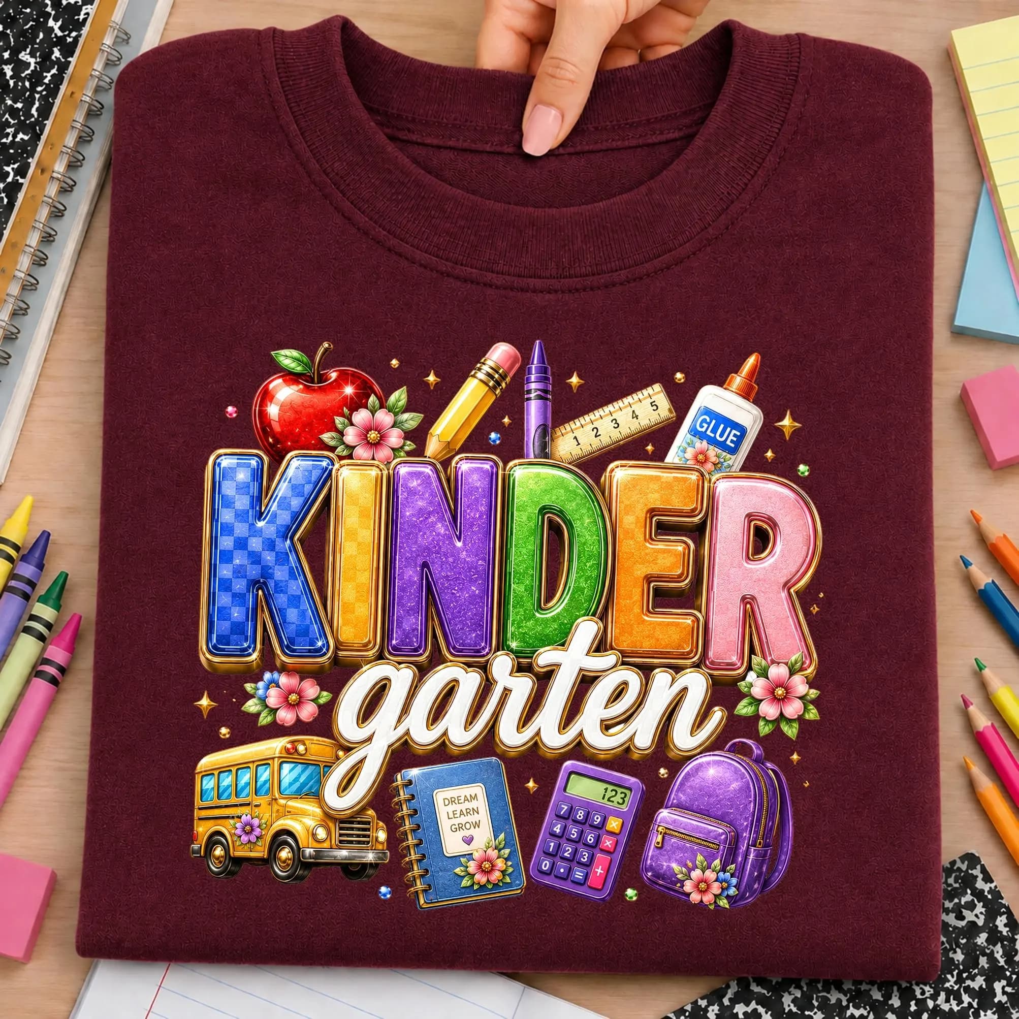 Kindergarten back to school PNG design displayed on a deep burgundy sweatshirt with bold multicolor KINDERGARTEN lettering, elegant script, and bright classroom icons. Artwork includes a red apple, pencil, ruler, glue bottle, school bus, backpack, calculator, books, flowers, stars, and playful school accents. Fun kindergarten graphic is ideal for first day shirts, teacher tees, student apparel, sublimation, DTF transfers, classroom gifts, school spirit wear, and elementary craft projects.