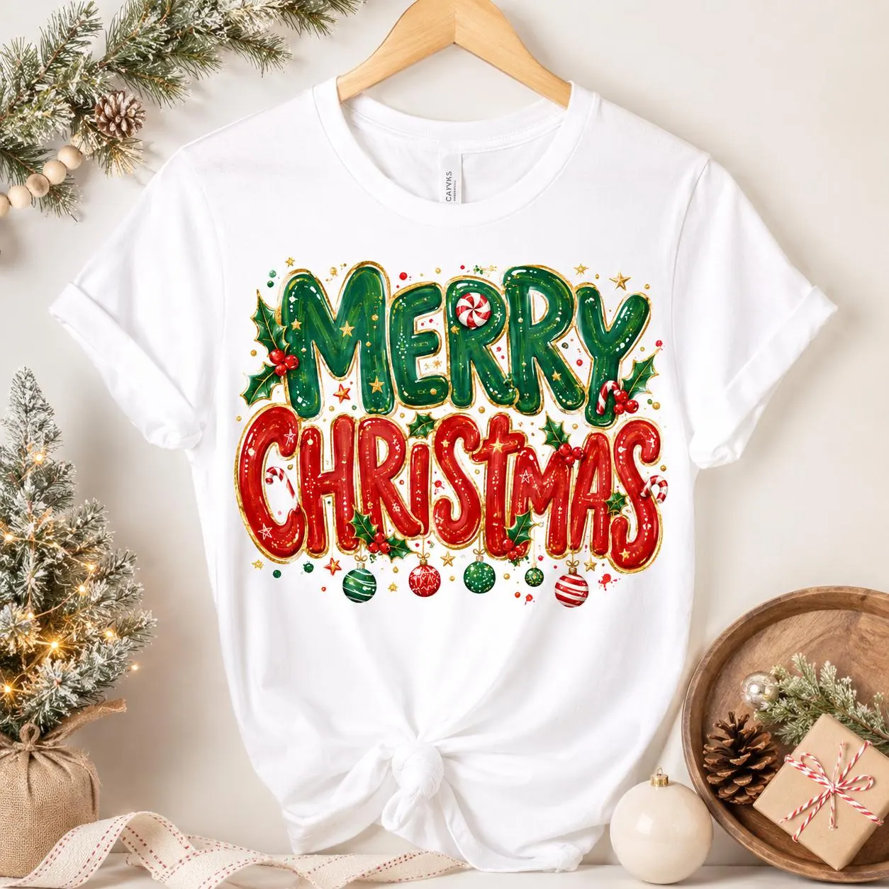 Merry Christmas Ornament PNG: Festive Red Green Typography Shirt Design (Digital Download)