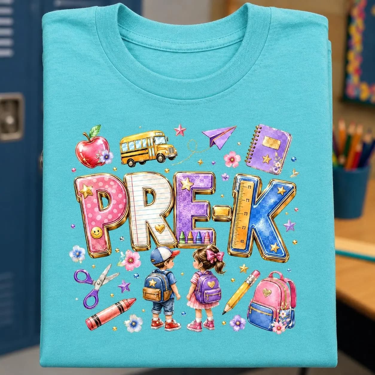 Turquoise folded T-shirt featuring a cheerful PRE-K design in large colorful patchwork letters. The artwork includes a red apple, yellow school bus, purple notebook, paper plane, scissors, crayon, pencil, pink backpack, flowers, stars, and two young students wearing backpacks. A softly blurred classroom background adds a playful first-day-of-school setting, making this mockup perfect for preschool shirts, teacher gifts, and back-to-school listings.