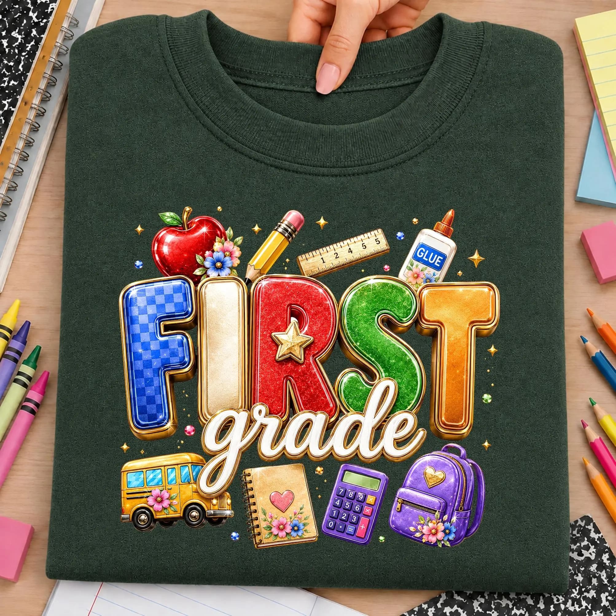 First Grade back to school PNG design shown on a dark green sweatshirt with bold multicolor FIRST GRADE lettering, checker and star patterns, plus bright classroom supplies. School accents include a red apple, pencil, ruler, glue bottle, school bus, backpack, calculator, notebook, flowers, stars, and colorful details. Cheerful elementary graphic is perfect for first day shirts, teacher tees, student apparel, sublimation, DTF transfers, classroom gifts, school spirit wear, and grade crafts.