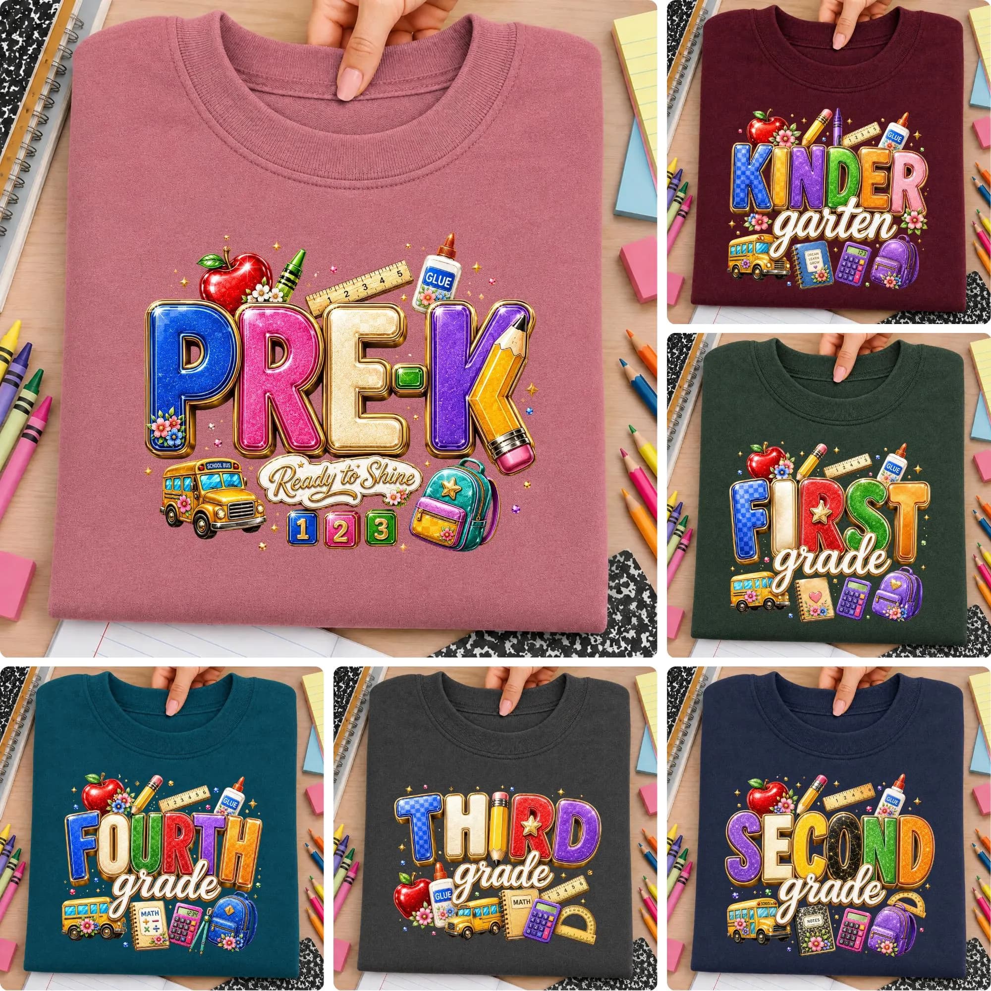 Back to School PNG Bundle, Pre-K to Fifth Grade Shirt Designs (Digital Download)