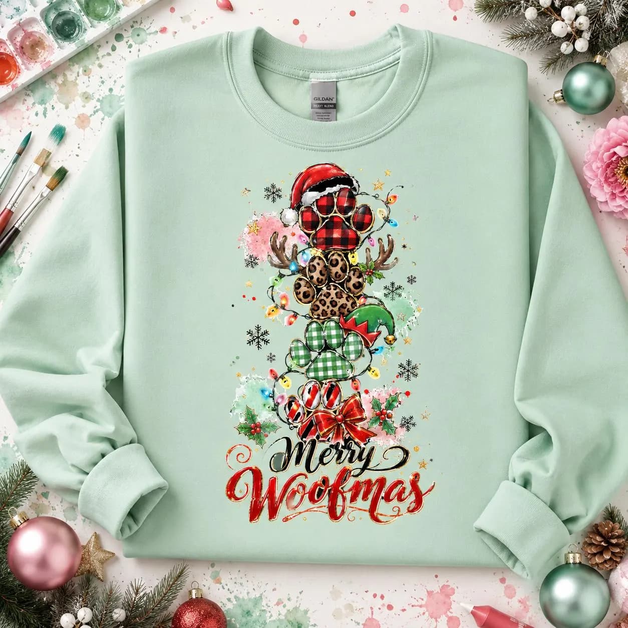 Merry Woofmas Stacked Paw PNG: Christmas Dog Lover Shirt Design (Digital Download)