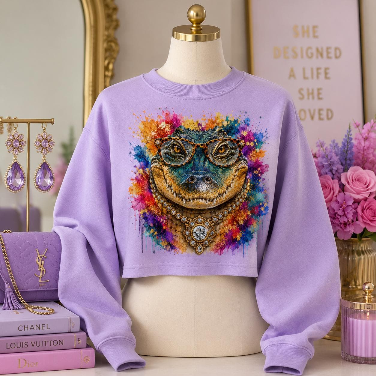 Jeweled Gator PNG, Glam Crocodile With Glasses, Colorful Reptile Sublimation Design (Digital Download)