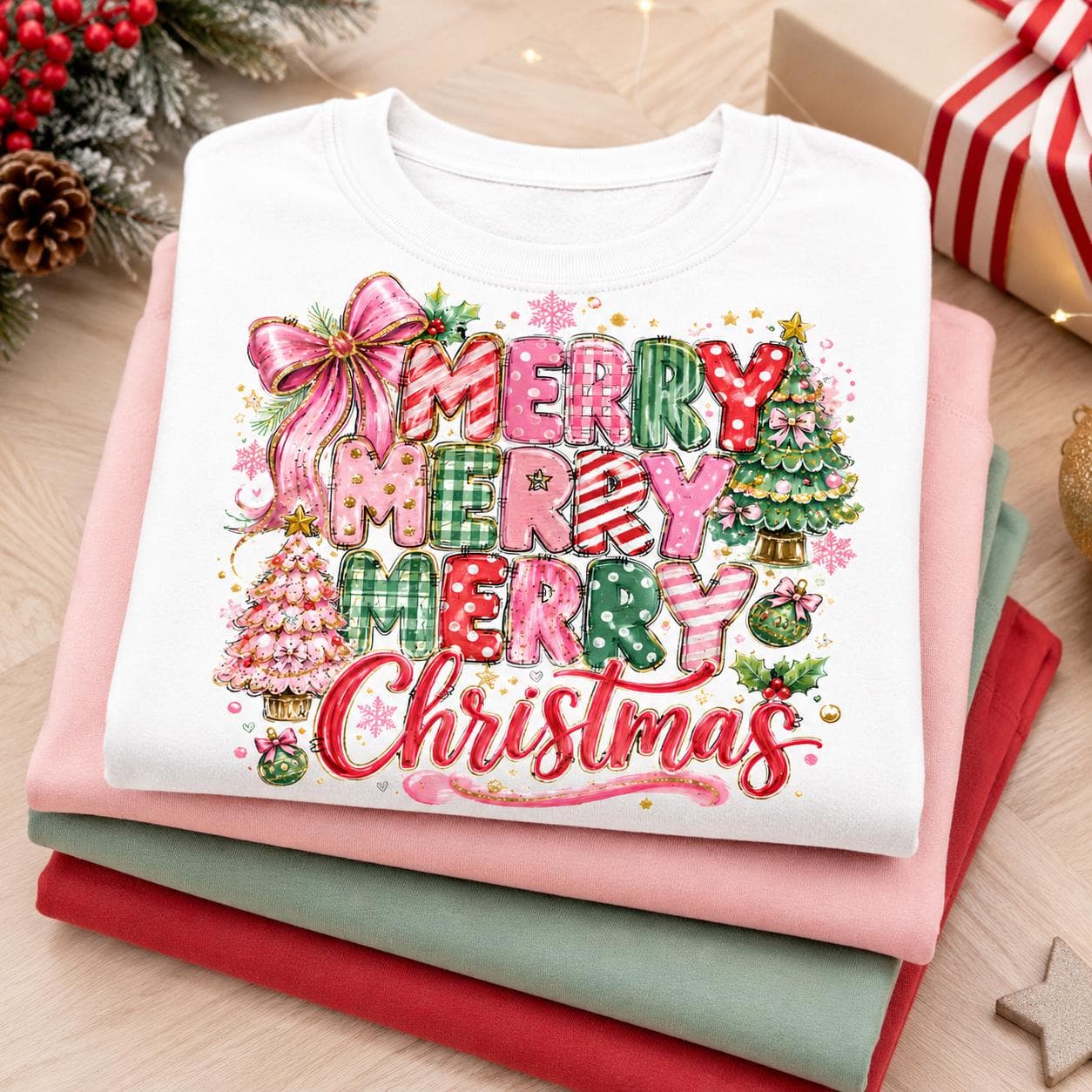 Triple Merry Christmas PNG: Pink Bow, Girly Holiday Shirt Sublimation Design