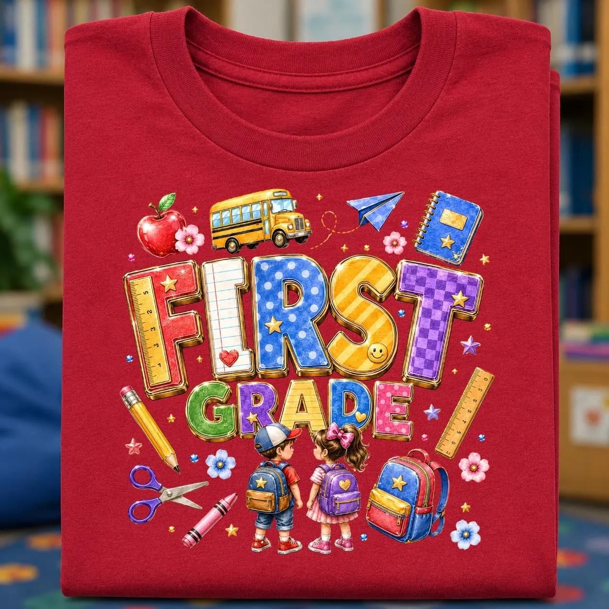 Red folded T-shirt featuring a colorful FIRST GRADE design in bold patchwork-style letters. The artwork is decorated with an apple, school bus, notebook, paper plane, pencils, ruler, backpack, flowers, stars, and two young students ready for class. A softly blurred classroom background gives the mockup a warm back-to-school atmosphere, making it suitable for first-grade shirts, teacher gifts, student apparel, and first-day-of-school promotions.