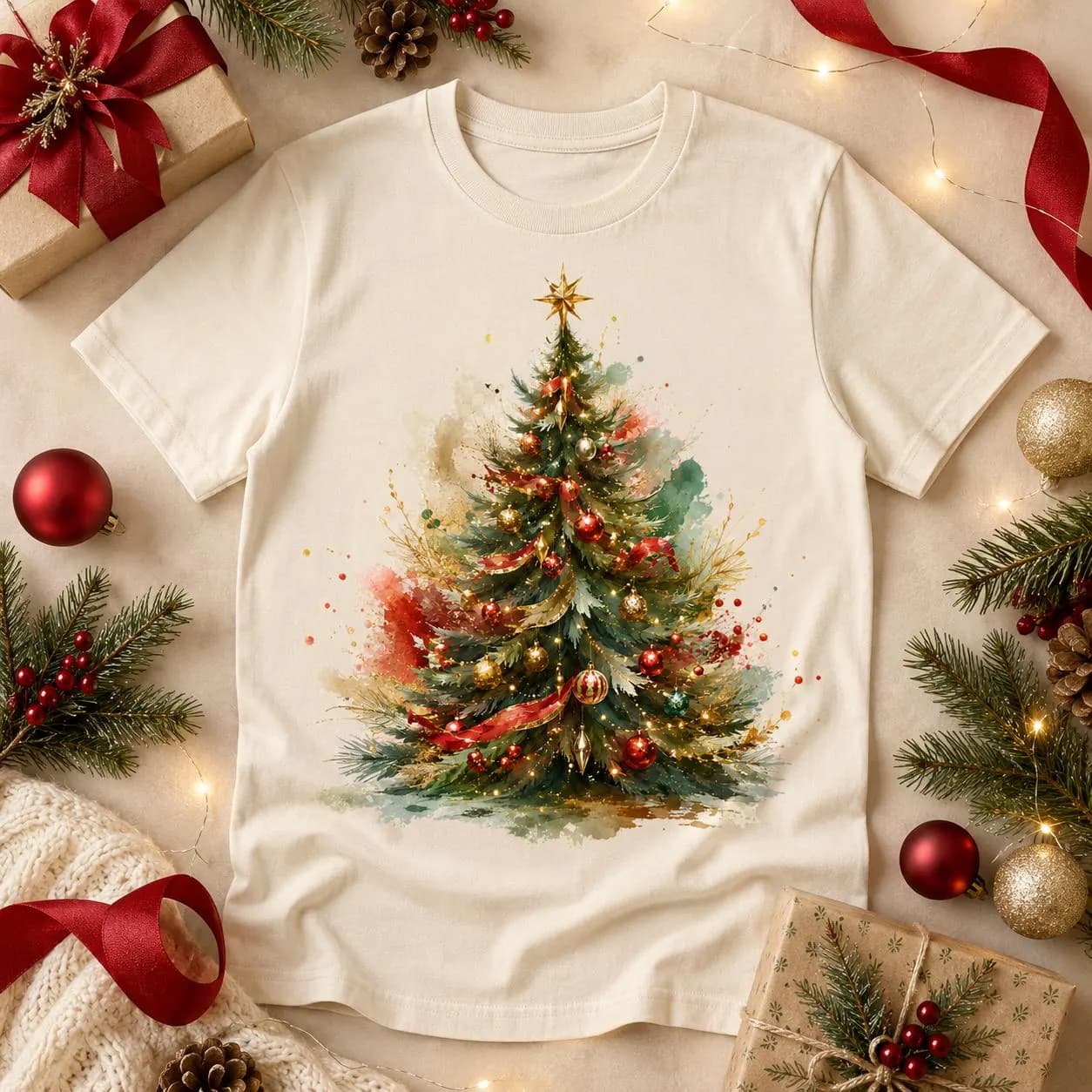 Elegant Snowy Christmas Tree PNG: Red Gold Ornament Clipart (Digital Download)