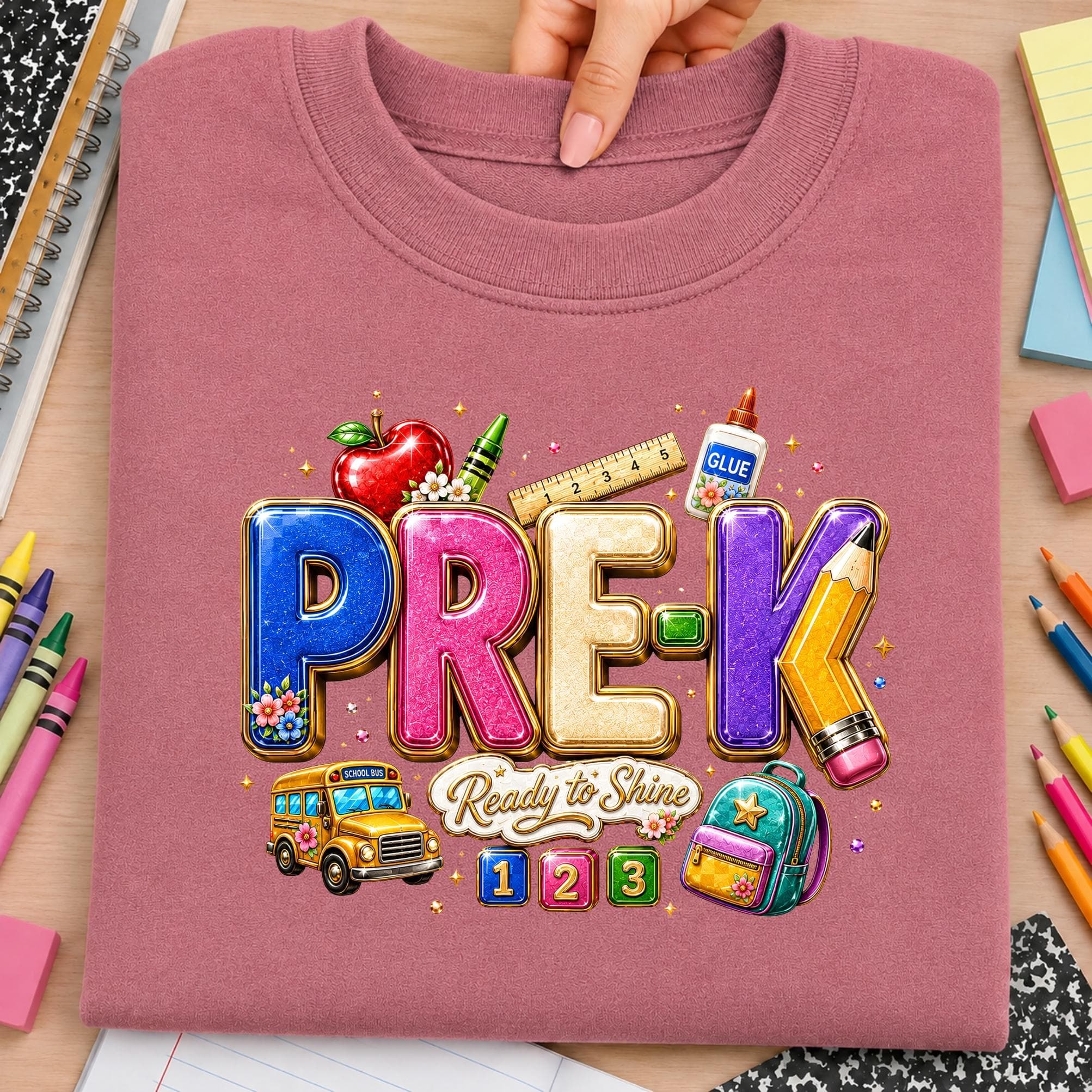 Pre-K back to school PNG design shown on a dusty rose sweatshirt with oversized PRE-K lettering in blue, pink, cream, and purple, plus a yellow pencil forming part of the K. School accents include a red apple, green crayon, ruler, glue bottle, school bus, backpack, number blocks, flowers, stars, and Ready to Shine script. Cute preschool graphic is ideal for first day shirts, Pre-K teacher tees, toddler apparel, sublimation, DTF transfers, classroom gifts, school spirit wear, and crafts.